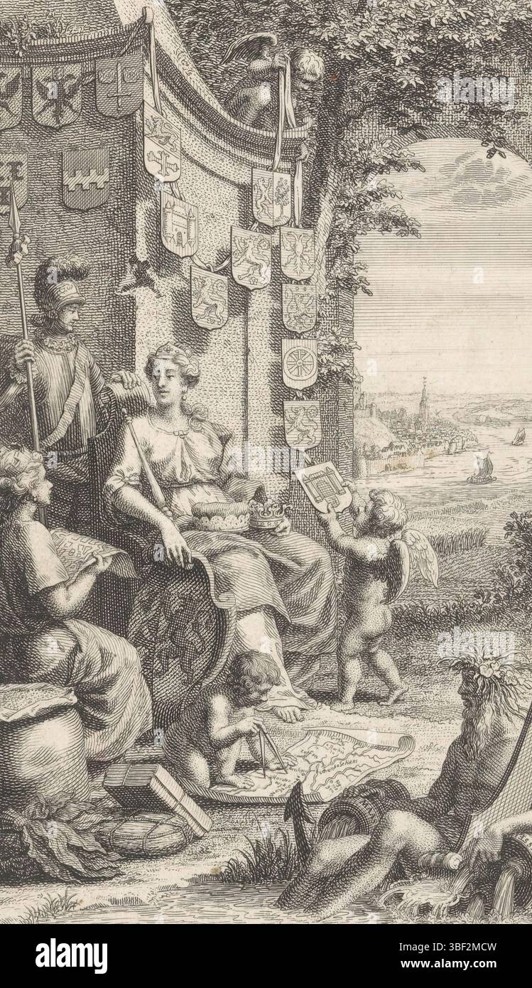 Amsterdam, Tirion, Isaak, Philips, Jan Caspar, Jan Caspar Homepage: Thomas Salmon, Contemporary history or present state of all people, XIII parte, 1741, Home Page for: Thomas Salmon and Jan Wagenaar, Present state of the Vereenigde Nederlanden, terza parte, allegorie op de provincie Gelderland, Amsterdam, timbrato, Landschap met de Gelderse Maagd in conversazione con la vergine urbana di Nijmegen. Ai loro piedi un putto con la mappa della provincia. Sulla destra un dio del fiume come personificazione dei fiumi Mosa, Waal, Reno e IJssel. Sullo sfondo una faccia sul Waal e sul Nijmegen. Foto Stock