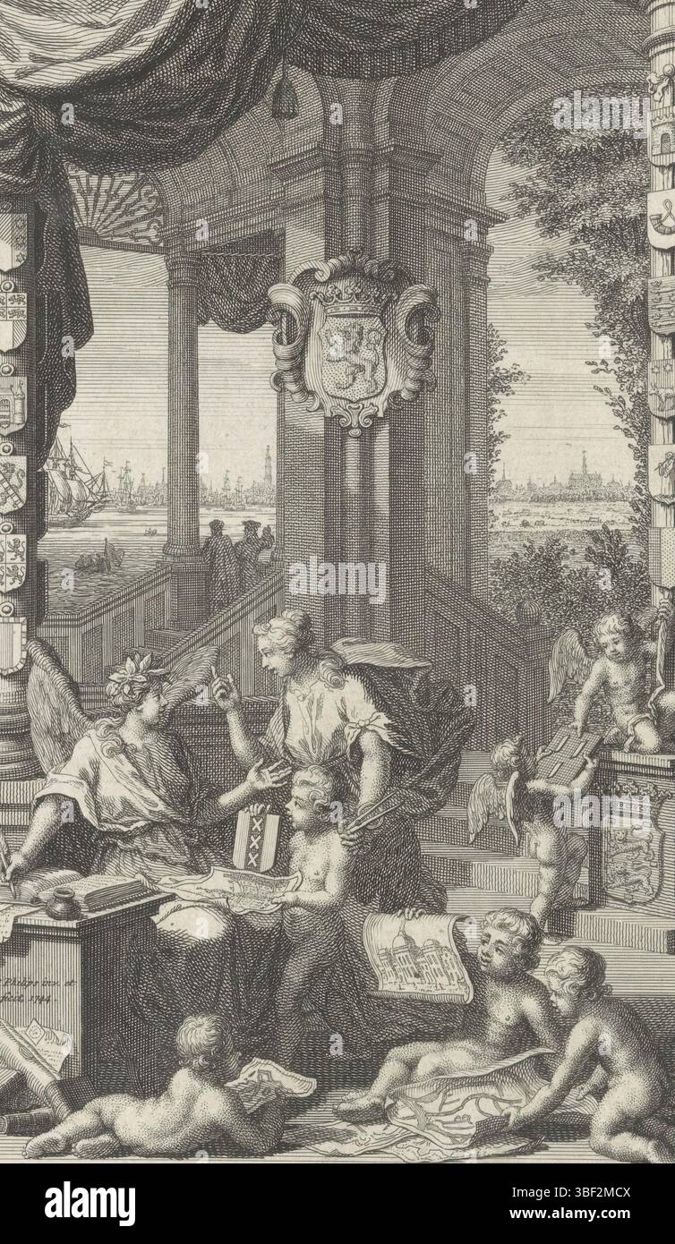 Amsterdam, Tirion, Isaak, Philips, Jan Caspar, Jan Caspar Homepage: Thomas Salmon, Contemporary history, or present state of all people, XV parte, 1744, Home Page for: Thomas Salmon and Jan Wagenaar, Present state of the Vereenigde Nederlanden, Quinta parte, allegorie op de provincie Noord-Holland, Amsterdam, verso - timbred, Departure in which Remarkability and History are in conversation. Un putto dà alla storia una mappa e lo stemma di Amsterdam. Su un montante lo stemma dell'Olanda. Sullo sfondo un volto su Amsterdam e su Alkmaar. Nel margine una didascalia di cinque righe in olandese., pri Foto Stock