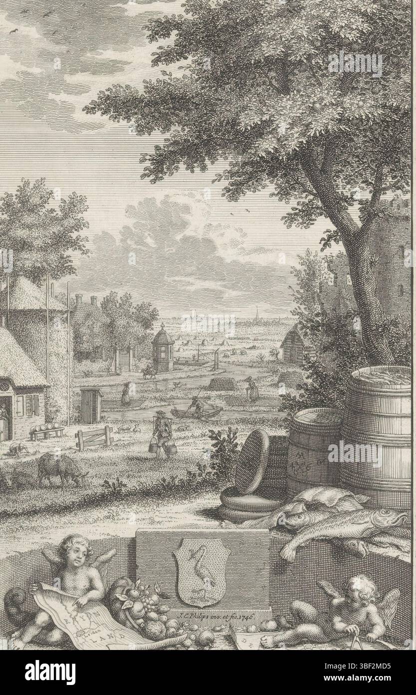 Amsterdam, Tirion, Isaak, Philips, Jan Caspar, Jan Caspar Homepage: Thomas Salmon, Contemporary history, or present state of all people, XVI parte, 1746, Home Page for: Thomas Salmon and Jan Wagenaar, Present state of the Vereenigde Nederlanden, Sesta parte, allegorie in Holland province, Amsterdam, verso - timbred, View of people at work in the Countryside of Holland province. In primo piano due putti con mappe delle aree intorno a Delft e al Reno. Costeggiano l'arma dell'Aia. Formaggi, merluzzo bianco e tonnellate di aringhe. Nel margine una didascalia di quattro righe in olandese., stampa, frontespizio, stampa, Foto Stock