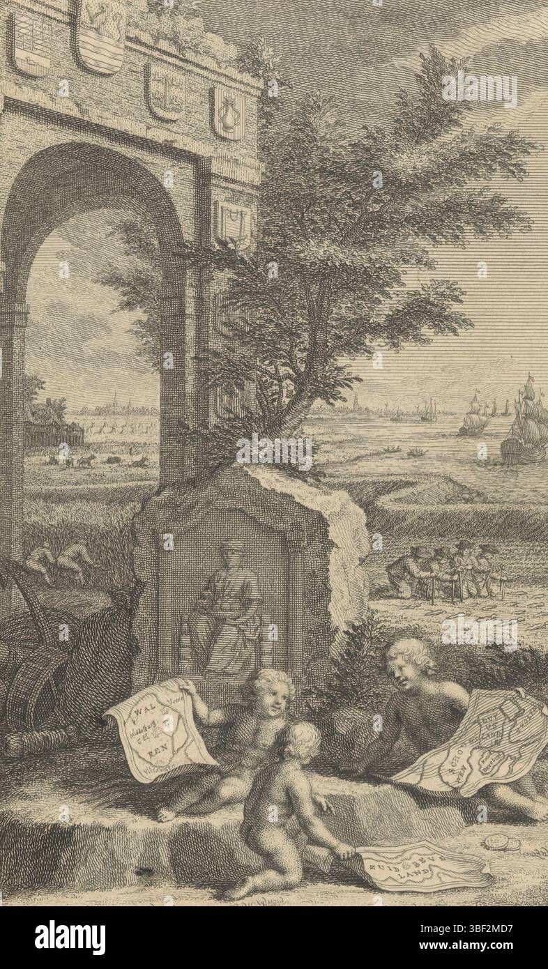 Staten van Holland en West-Friesland, Amsterdam, Tirion, Isaak, Philips, Jan Caspar, Homepage per: Thomas Salmon, Contemporary history, or present state of all people, XXth part, 1753, Home Page for: Thomas Salmon and Jan Wagenaar, Present state of the United Netherlands, decima part, allegorie on the province of Zeeland, verso - timbred, Landscape with a trionfal Arc on the stemma della provincia di Zeeland e di quattro città della Zelanda. In primo piano tre putti con mappe delle isole della Zelanda. Nei campi in background che vengono elaborati e spediti in mare. Nel margine una linea di quattro Foto Stock