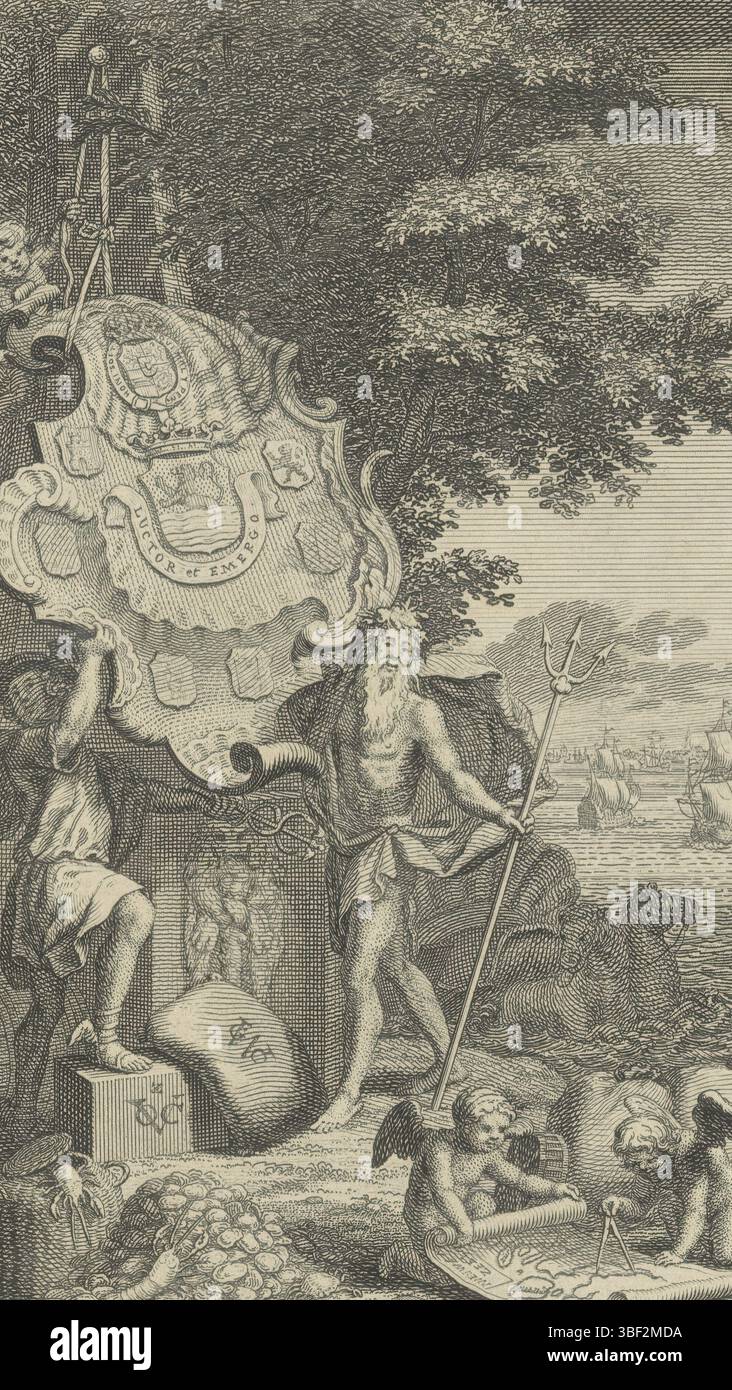 Amsterdam, Tirion, Isaak, Philips, Jan Caspar, Jan Caspar Homepage: Thomas Salmon, Contemporary history, or present state of all people, XI parte, 1751, Home Page for: Thomas Salmon and Jan Wagenaar, Present state of the Vereenigde Nederlanden, Ninth part, allegorie op de provincie Zeeland, Amsterdam, - timbrato, su uno stemma verso rocaille lo stemma della provincia della Zelanda circondato da stemmi di sei città della Zelanda. La placca è tenuta da Nettuno con tridente e mercurio con caduceo e poggia su un piedistallo con la mazza e la pelle di Leone di Ercole. Sulla destra ci sono TW Foto Stock