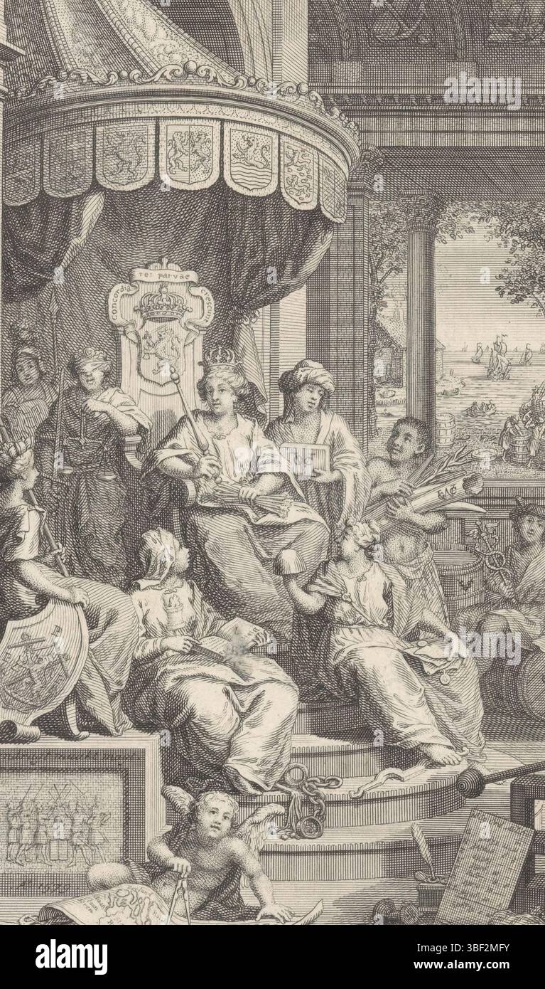 Amsterdam, Tirion, Isaak, Philips, Jan Caspar, Jan Caspar Homepage: Thomas Salmon, Contemporary history, or present state of all people, XI parte, 1739, Home Page for: Thomas Salmon and Jan Wagenaar, Present state of the Vereenigde Nederlanden, prima parte, allegorie op de Republiek der Zeven Verenigde Nederlanden, Amsterdam, verso - timbrato, partenza con l'enignement personalizzato su un trono adornato con lo stemma dei sette Paesi Bassi. È accompagnato da figure che simboleggiano la prosperità che porta la Repubblica. In primo piano un putto con una mappa o. Foto Stock