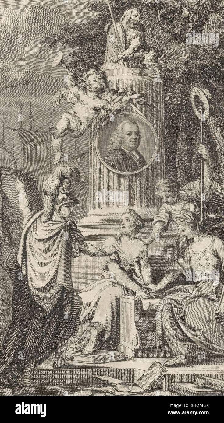 Home Page: Jan Wagenaar, Vaderlandsche Historie, 1790, Ritratto di Jan Wagenaar con figure allegoriche, Amsterdam, verso - timbrato, la storia scrive in un libro aperto, è circondata dalla verità con il sole sul petto, la libertà con il cappello di libertà sulla lancia e Minerva con scudo. Dietro di loro un pilastro con il leone olandese e il ritratto dello scrittore Jan Wagenaar tenuto da un putto con tromba., stampa, frontespizio, stampe, altezza 222 mm, larghezza 141 mm, Noord-Nederlands, 1741-06-19 - 1816-01-30, stampatore, 1790 - 1790, carta, incisione, incisione, incisione (processo di stampa), concezione del lavoro, accordi Foto Stock
