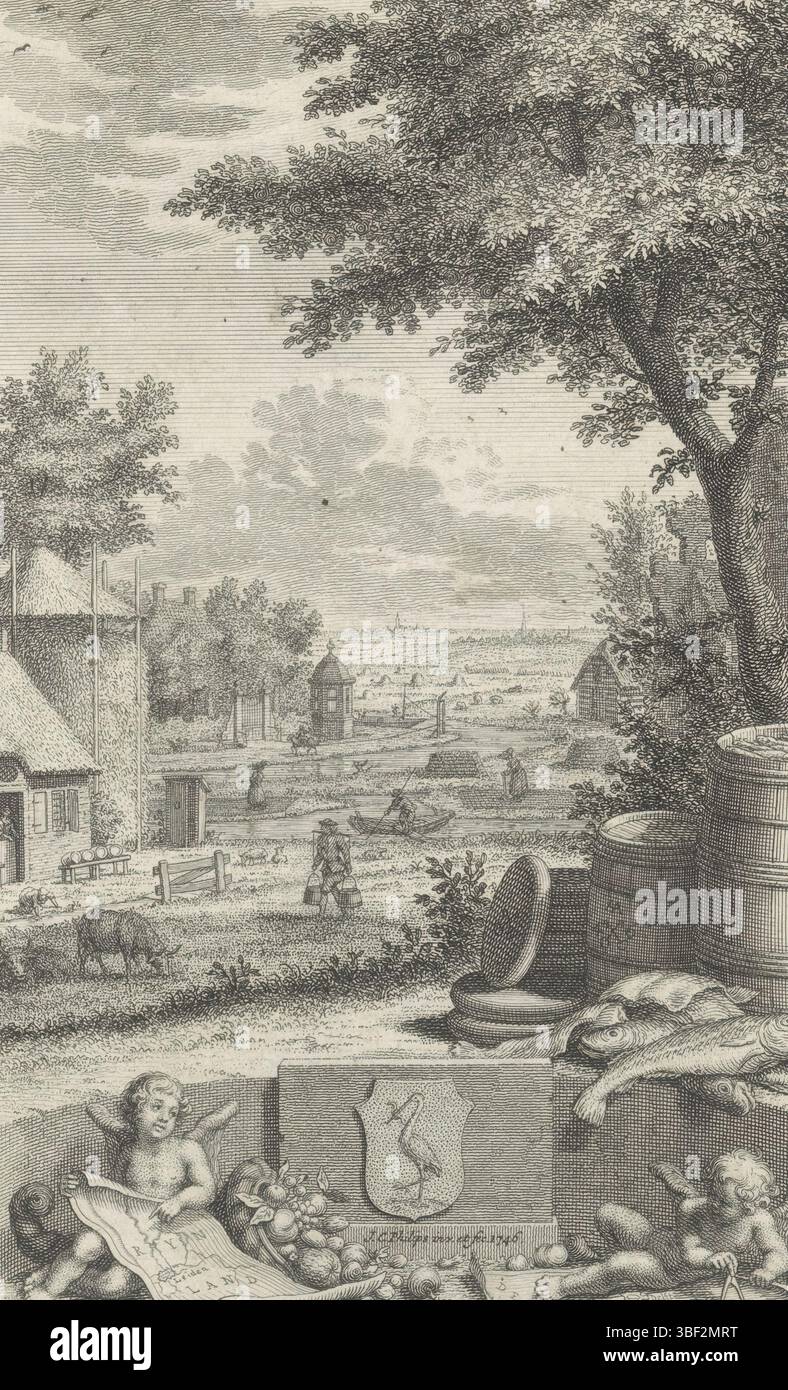 Amsterdam, Tirion, Isaak, Philips, Jan Caspar, Jan Caspar Homepage: Thomas Salmon, Contemporary history, or present state of all people, XVI parte, 1746, Home Page for: Thomas Salmon and Jan Wagenaar, Present state of the Vereenigde Nederlanden, Sesta parte, allegorie in Holland province, Amsterdam, verso - timbred, View of people at work in the Countryside of Holland province. In primo piano due putti con mappe delle aree intorno a Delft e al Reno. Costeggiano l'arma dell'Aia. Formaggi, merluzzo bianco e tonnellate di aringhe. Nel margine una didascalia di quattro righe in olandese., stampa, frontespizio, stampa, Foto Stock
