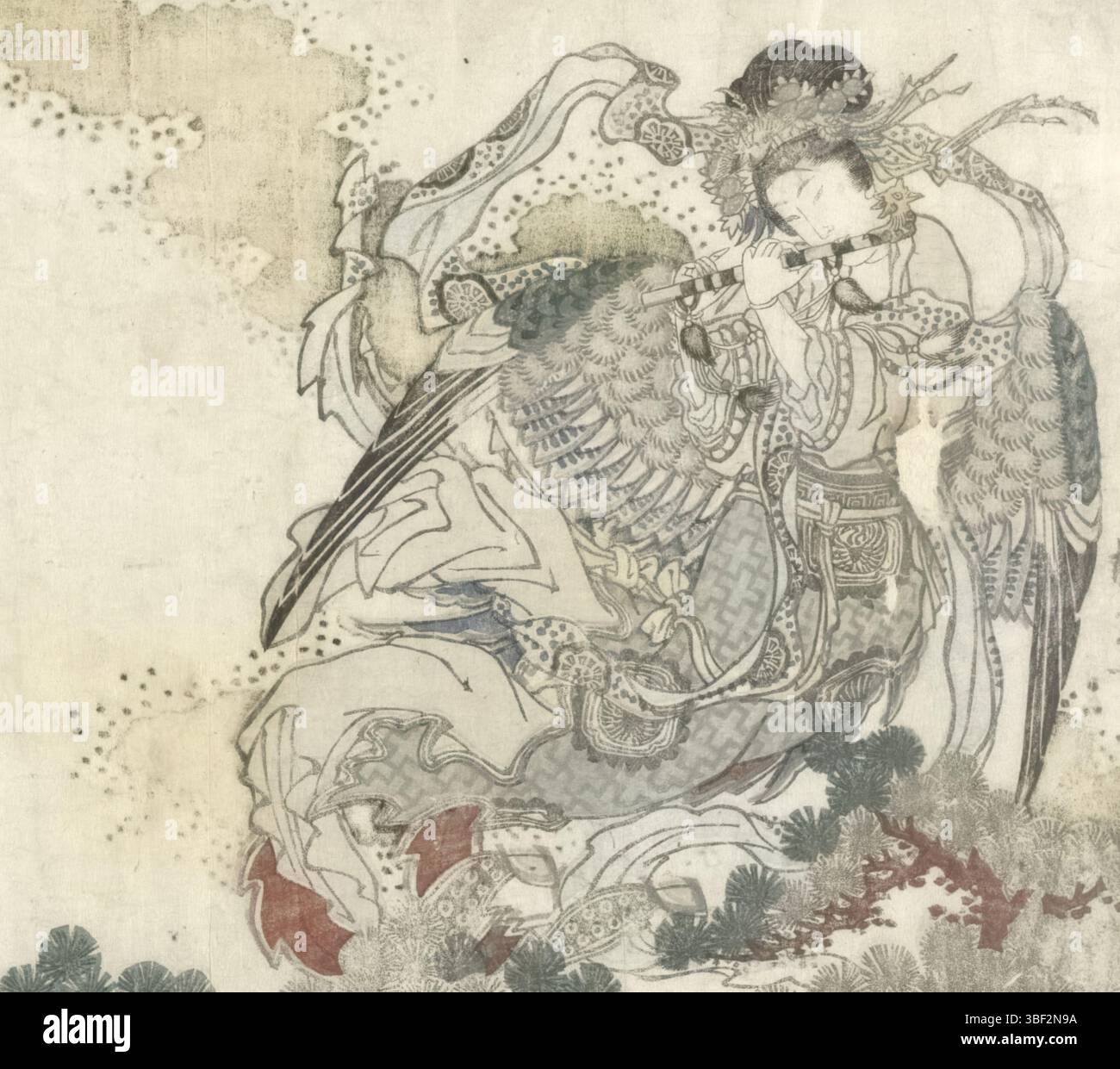Giappone, Konsai, donna che gioca a fischio, Giappone, Una donna che gioca a flauto con ali e in abiti cinesi atterra in un albero di pino. Questa immagine si riferisce alla storia di Het Verenkled (Hagoromo), e si trova in molti paesi dell'Asia Oos. Un angelo buddista atterra in un pino sulla spiaggia e le toglie le ali. Questi vengono trovati e restituiti da un pescatore a condizione che l'angelo balla per lui. Lo fa e poi vola le ali a casa. Con poesie di vari poeti., stampa, surimono, stampe, Giappone (collezione), altezza 384 mm, larghezza 500 mm, giapponese, macchina da stampa, 1840 - 1840, primo quarto del xix secolo Foto Stock