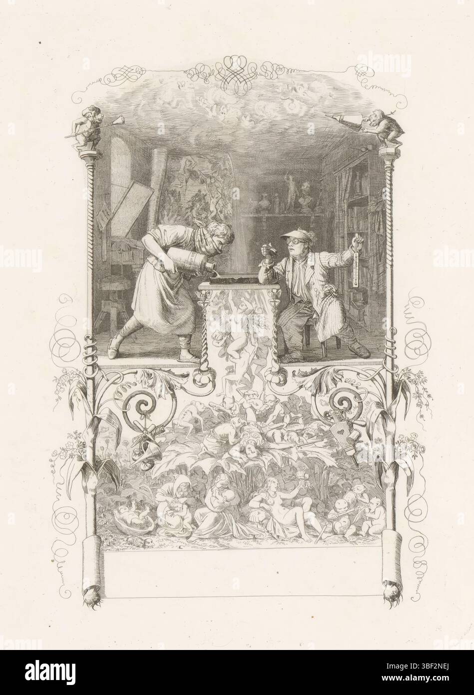 Neureuther, Eugenio Napoleone, Germania, Neureuther, maestro incisore e allievo in officina, timbrato verso, allegorie sul pericolo di incisione. In una bottega d'artista con librerie, calchi in gesso ridotti di sculture classiche e sulla sinistra un foglio per una finestra, è lavorato da maestro e allievo. Lo studente con un panno davanti alla bocca versa l'acqua in un bagno di incisione, mentre l'insegnante si siede con un termometro e un orologio. La bottiglia dice "acido nitro". Nel fumo sul soffitto ci sono lucciole guidate da scimmie. La sfida per l'incisore è rappresentata dalla battaglia dell'Arco Foto Stock