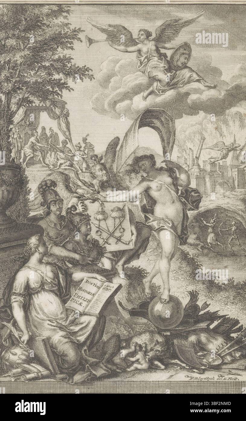 Home Page: Marcus Iunianus Iustinus and Abraham Gronovius, Iustini Historiae Philippee, 1719, allegorie op de win op Macedonia, Leida, verso - gestamped, in primo piano c'è storia con un libro aperto dal titolo. Dietro di lei c'è Minerva con un busto di Roma. A destra, fortuna si bilancia su un globo, lei allena il busto. Padre Time con la clessidra in testa sta dietro le tre donne con un piatto con turbanti e spade. Nell'aria, fama soffia una tromba, tenendo in mano un medaglione ritratto. Sullo sfondo a destra una città in fiamme (forse nella monarchia macedone), a sinistra c'è un empero Foto Stock