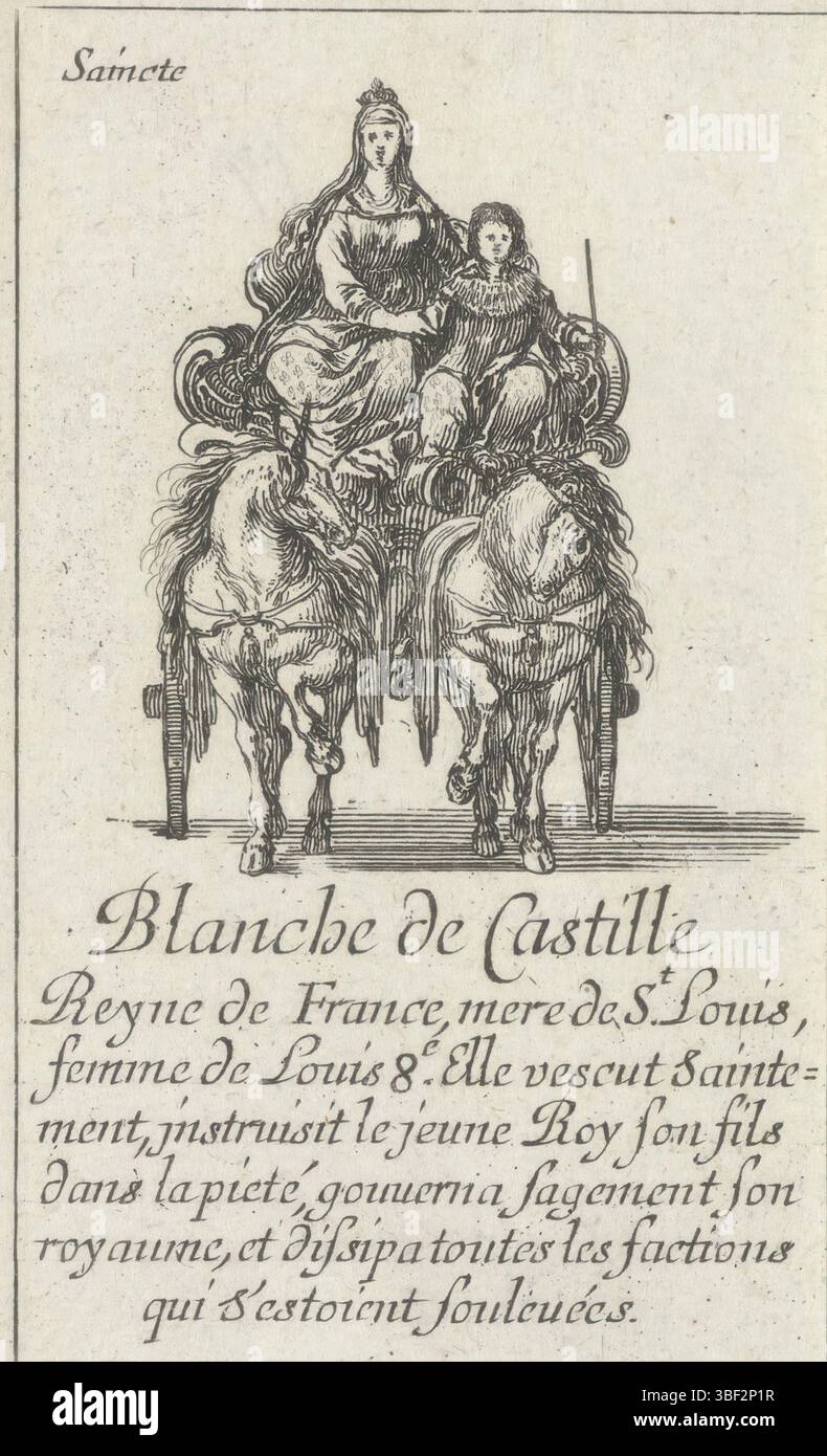 Sconosciuto, Parigi, Gras, Henry le, bella, Stefano della, Jeu des reynes renomées, gioco di carte con celebri governanti, Bianca di Castiglia, Blanca van Castiglia, sconosciuto, carta da gioco con una rappresentazione di Blanca di Castiglia, la moglie di Re Luigi VIII, con suo figlio in una carrozza trainata da due unicorni. Testo con margine inferiore., stampa, carta da gioco, stampe, altezza 90 mm, larghezza 55 mm, italiano, 1610-05-18 - 1664-07-27, stampatore, 1620 - 1664, carta, incisione, pubblicazione (evento), pubblicazione, francese, editore, fornitore di privilegi Foto Stock