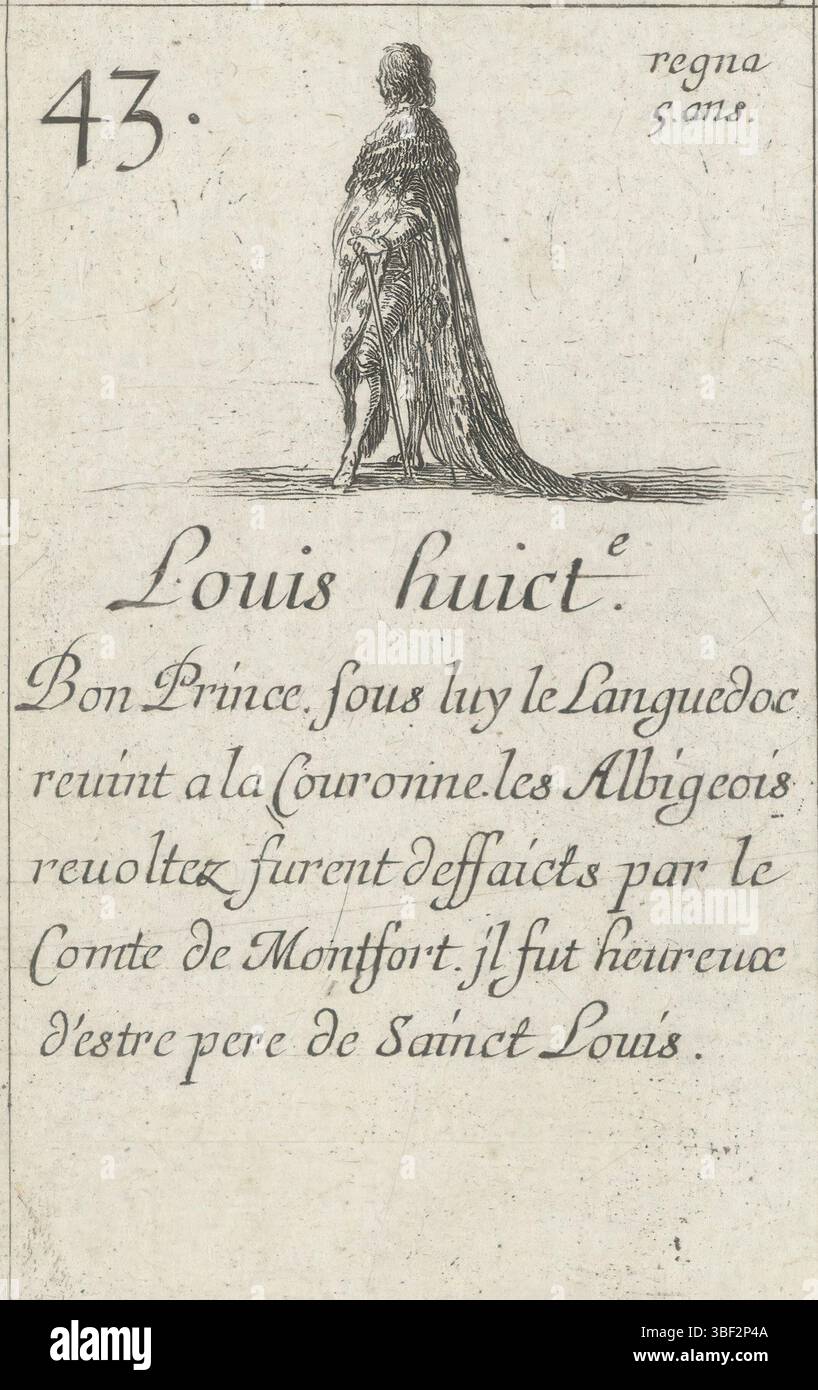 Sconosciuto, Parigi, Gras, Henry le, bella, Stefano della, carte des rois de France, gioco di carte con i governanti di Francia, Louis hucte, Luigi VIII, sconosciuto, carta da gioco con una performance del re francese Luigi VIII. testo sotto la performance., stampa, carta da gioco, stampe, altezza 90 mm, larghezza 54 mm, italiano, 1610-05-18 - 1664-07-27, stampatore, 1620 - 1664, carta, incisione, pubblicazione (evento), pubblicazione, francese, editore, fornitore di privilegi Foto Stock