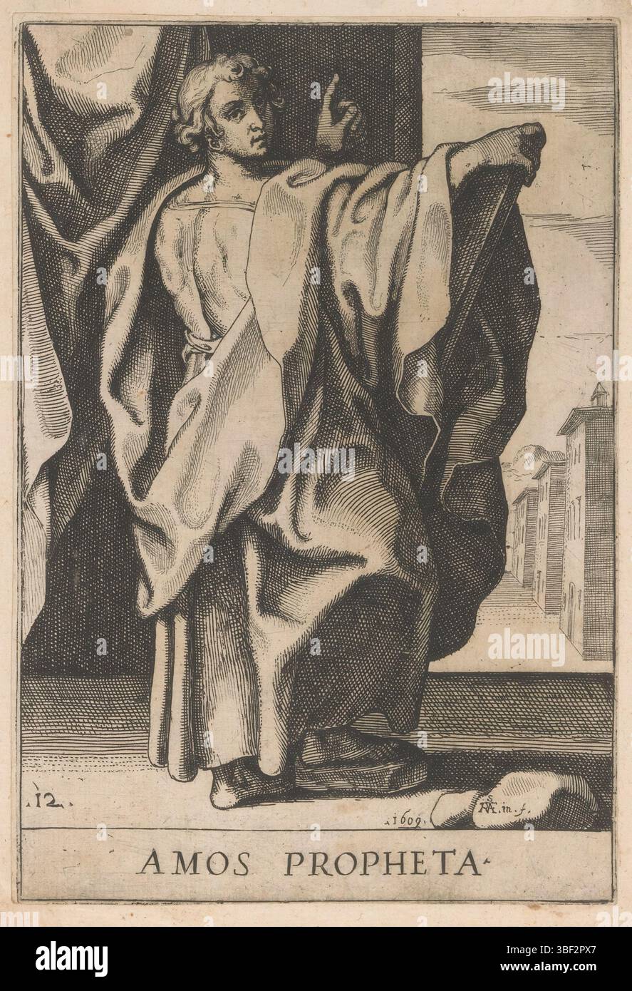 Italia, Schiaminossi, Raffaello, Italia, Prophaetarum, profeti, Amos profeta, Profeta Amos, foglio di disegno verso - timbrato, il profeta Amos in piedi e gira a destra. La mano sinistra punta in alto e con la mano destra tiene una tavoletta di scrittura. Titolo a margine inferiore e numerato in basso a sinistra: 12., stampa, altezza 193 mm, larghezza 131 mm, italiano, 1572 - 1622, stampatore, 1609 - 1609, carta, incisione, concezione del lavoro, secondo il suo progetto Foto Stock
