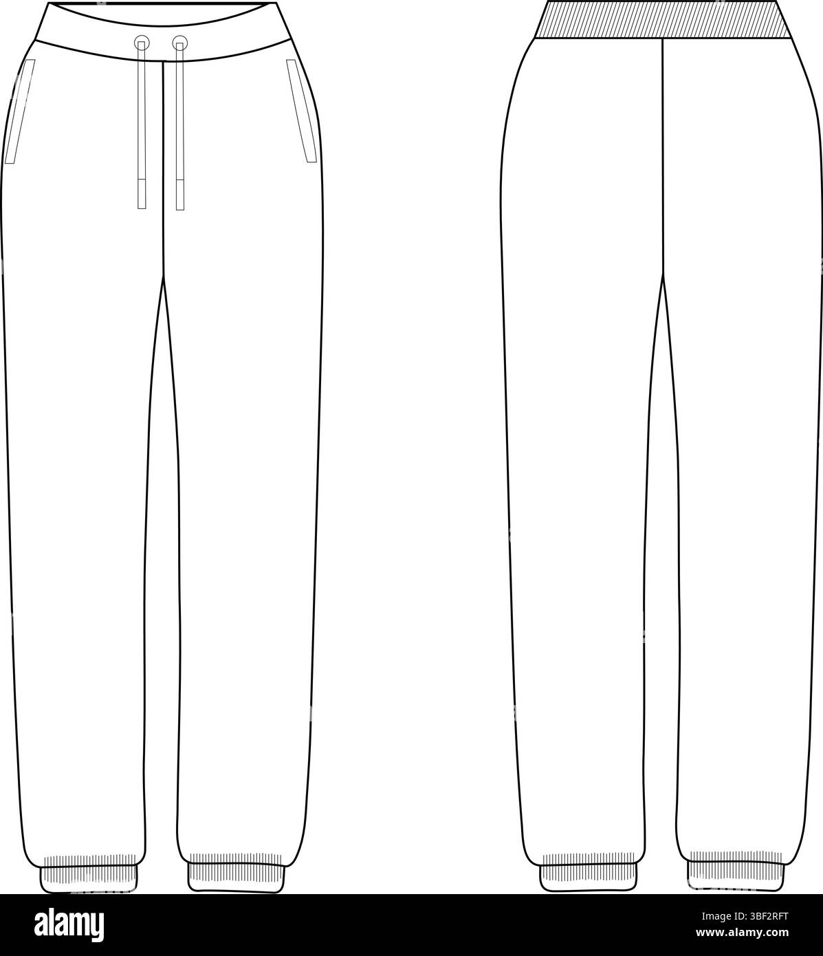 Pantaloni jogger con coulisse e caviglie con polsini - disegno tecnico piatto | Vista frontale e posteriore Illustrazione Vettoriale