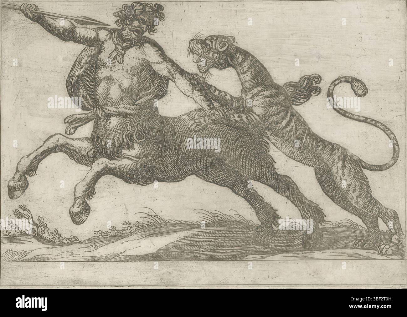 Città del Vaticano, Clemente VIII, Roma, Aelst, Nicolaus van, Italia, tempesta, Antonio, animali da combattimento, Una tigre che combatte con un centauro, stampato verso, stampa, altezza 93 mm, larghezza 131 mm, italiano, 1555 - 1630-08-05, stampatore, 1600 - 1600, carta, incisione, pubblicazione (evento), pubblicazione, olandese meridionale, 1527 - 1613, editore, 1536 - 1605, fornitore di privilegi Foto Stock