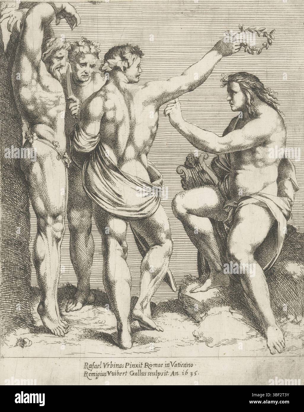 Roma, sconosciuto, città del Vaticano, Raffaello, Roma, Vuibert, Remy, stampe di composizioni di Raffaello, Apollo e Marsias, verso - stampato, stampa, altezza 234 mm, larghezza 180 mm, francese, 1600 - 1651-11-10, macchina per stampa, 1635 - 1635, carta, incisione, 1483-04-07 - 1520-04-07, dopo, dopo la verniciatura, fornitore di privilegi Foto Stock