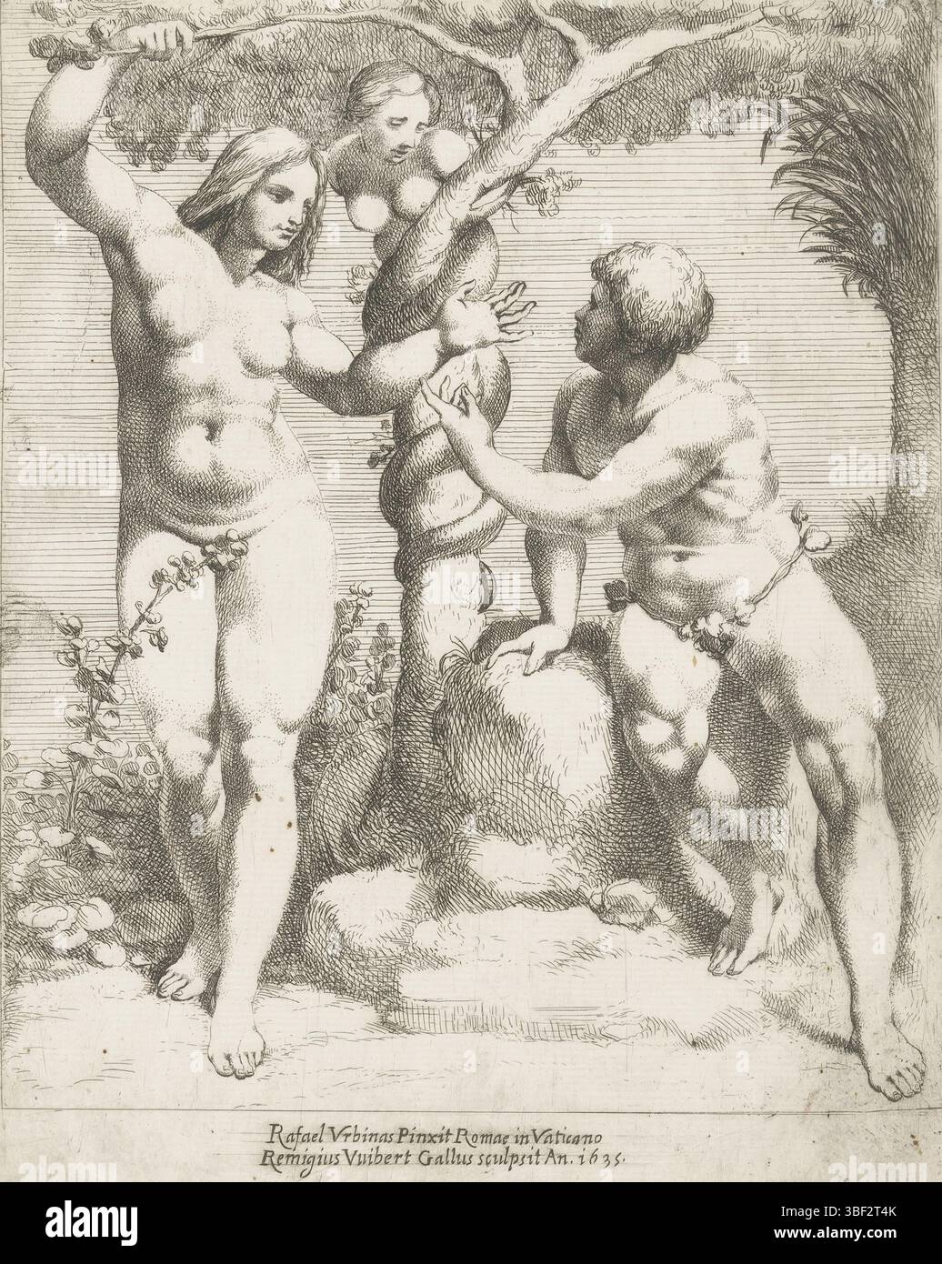 Roma, sconosciuto, città del Vaticano, Raffaello, Roma, Vuibert, Remy, stampe di composizioni di Raffaello, Adamo ed Eva, verso - stampato, stampa, altezza 235 mm, larghezza 184 mm, francese, 1600 - 1651-11-10, macchina per stampa, 1635 - 1635, carta, incisione, 1483-04-07 - 1520-04-07, dopo, per pittura, fornitore di privilegi Foto Stock
