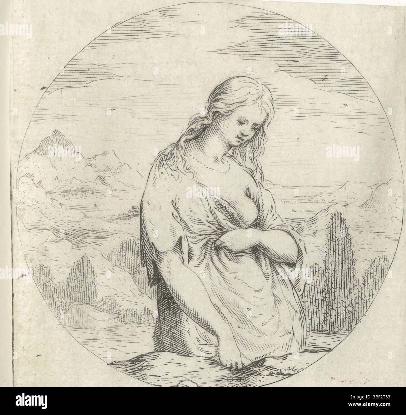 Donna, presumibilmente Maria Maddalena, in piedi nel paesaggio, verso - timbrato, stampato, altezza 59 mm, larghezza 59 mm, stampatore, 1600 - 1700, carta, incisione, incisione (processo di stampa) Foto Stock