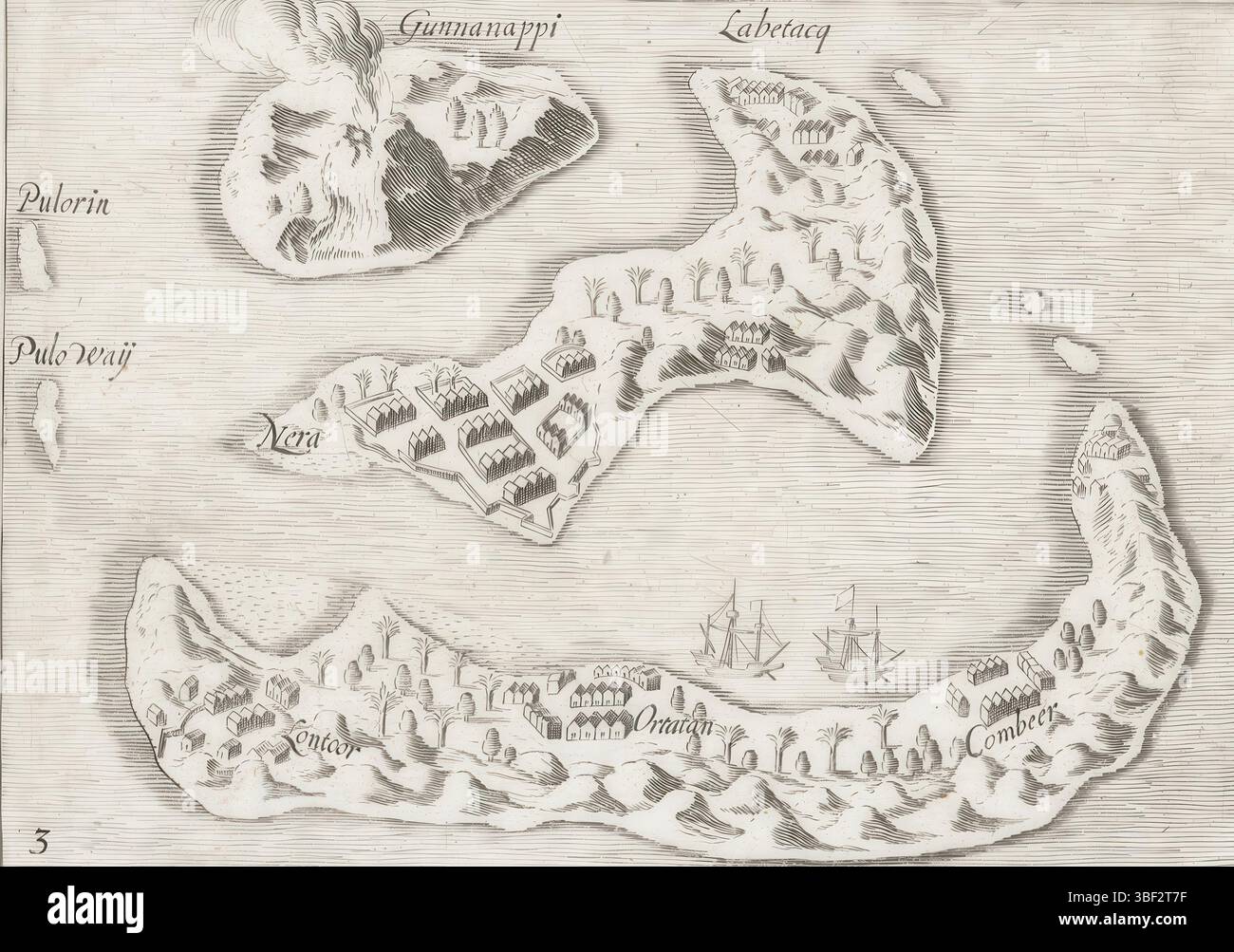 Paesi Bassi settentrionali, Mappa delle Isole banda, 1599, Paesi Bassi settentrionali, Mappa delle Isole banda nelle Molucche, 1599. Fornitore principale di noce moscata e maca. Copia dell'illustrazione originale nel resoconto di viaggio del secondo Shipvaart alle Indie Orientali sotto Jacob Cornelisz. Van Nes e Wijbrant van Warwyck nel 1598-1600. Numerato: 3., stampa, notizie, mappa, stampe, piastre di cronologia Frederik Muller, altezza 110 mm, larghezza 156 mm, stampatrice, 1600 - 1645, primo quarto del xvii secolo, secondo quarto del xvii secolo, carta, incisione, incisione (processo di stampa) Foto Stock