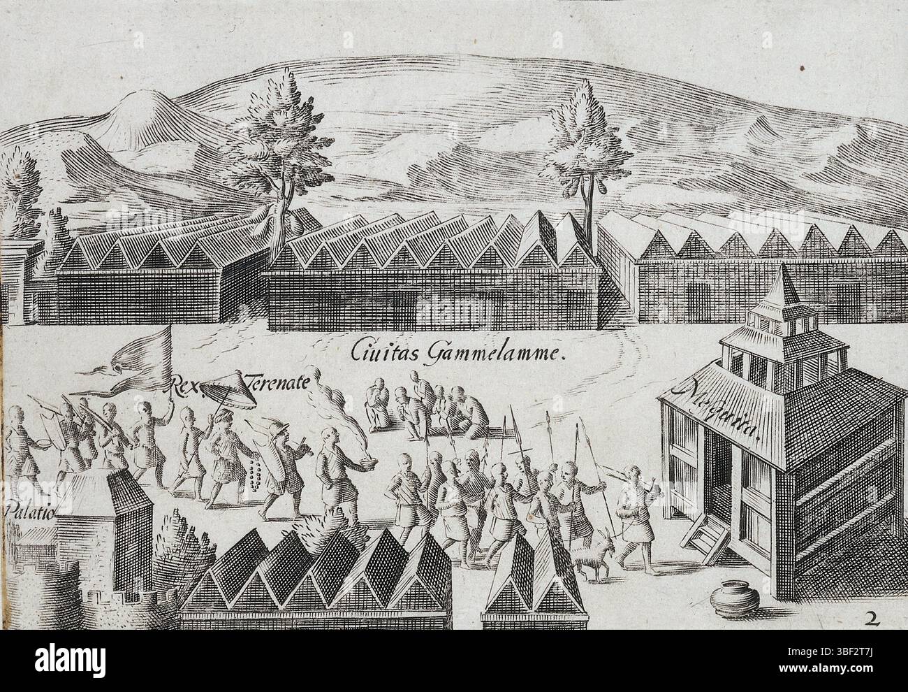 Nei Paesi Bassi settentrionali, il re di Ternate visita la moschea, 1599, Paesi Bassi settentrionali, il re di Ternate, con conseguenza e scorta armata, visita la moschea di Gammelamme, 1599. Copia dell'illustrazione originale nel resoconto di viaggio del secondo Shipvaart alle Indie Orientali sotto Jacob Cornelisz. Van Nes e Wijbrant van Warwyck nel 1598-1600. Numerato: 2., stampa, lastre storico Frederik Muller, altezza 108 mm, larghezza 153 mm, stampatore, 1600 - 1645, primo quarto del xvii secolo, secondo quarto del xvii secolo, carta, incisione, incisione (processo di stampa) Foto Stock