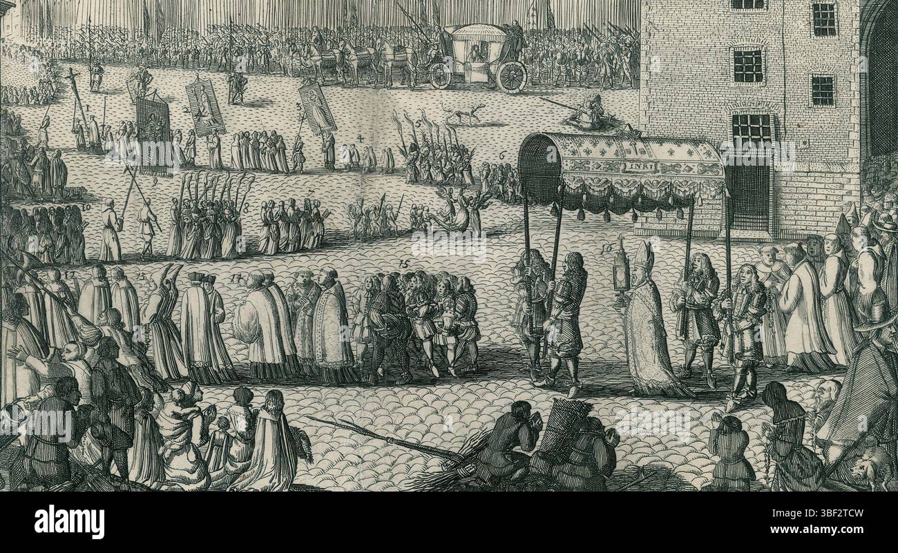 Paesi Bassi settentrionali, la processione dei francesi a Utrecht, 1672, Paesi Bassi settentrionali, Una processione cattolica di francesi tenutasi a Utrecht dopo l'assunzione nel 1672. Sullo sfondo Luigi XIV e le truppe francesi., stampa, affitto storico, stampe, Frederik Muller History plates, altezza 147 mm, larghezza 265 mm, incisore, 1672 - 1674, terzo quarto del xvii secolo, carta, incisione, incisione Foto Stock