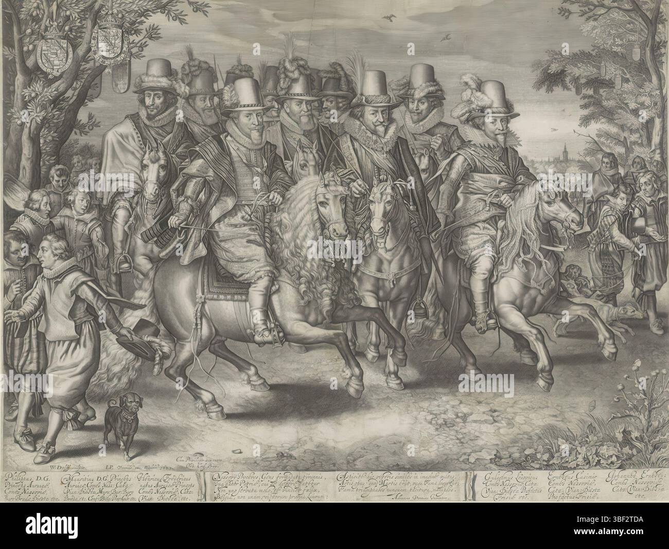 Stato generale, Middelburg, Venne, Jan Pietersz. Van de, Adriaen Pietersz. Dei, Delft, Delff, Willem Jacobsz., Ruiterstoet van Filips Willem, Maurits en Frederik Hendrik, principi di Orange, Willem Lodewijk, conte di Nassau-Dillenburg, Ernst Casimir, conte di Nassau-Dietz, e Johan Ernesto i, conte di Nassau-Siegen, verso il centro sotto - timbrato, Maurits, Frederik Hendrik e Johan Ernst I. nel margine inferiore i loro nomi, i loro titoli e due colonne con sette righe di testo latino., stampa, ritratti arancioni, altezza 425 mm, larghezza 563 mm, 1580-09-15 - 1638-04-11, macchina per la stampa, 1621 - 1621, carta, Foto Stock