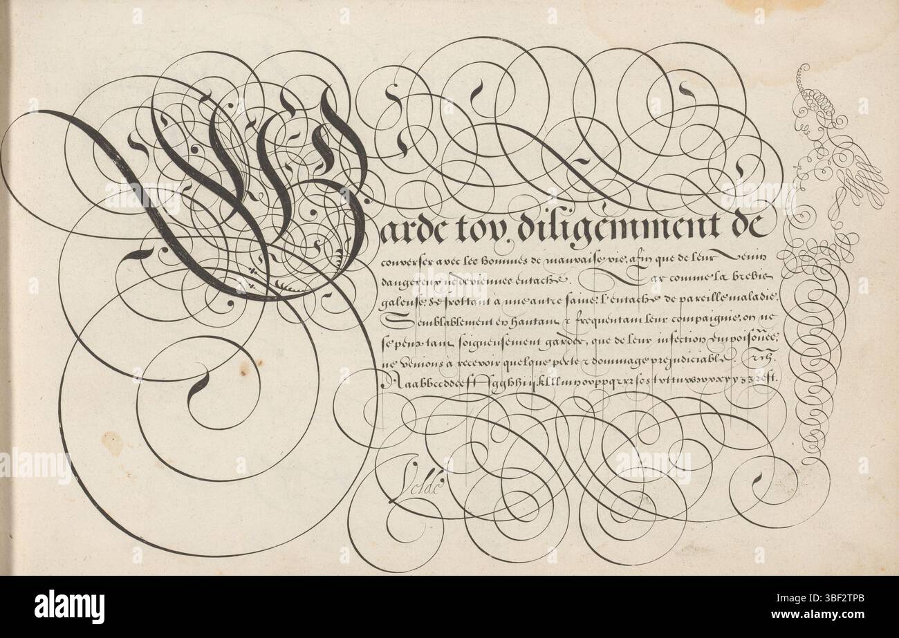 Rotterdam, Velde, Jan van de (i), Haarlem, Frisius, Simon, Spieghel der schrijfkonste, esempio di scrittura: garde toy, Rotterdam, anteprima con G iniziale decorata e sette righe di testo in francese: garde toy... Nella parte inferiore di un alfabeto minuscolo nella relativa mano. Il testo viene incorniciato dall'arricciatura. A destra una herme o una colonna di bordo in curling. La stampa fa parte di un album., stampa, ornamentoprent, albumsheet, stampe, altezza 210 mm, larghezza 320 mm, 1575 - 1628, macchina per stampa, 1605 - 1605, carta, incisione, incisione (processo di stampa), ideazione del lavoro, Noord-Nederlands, 1568 - 1623-09-10, dopo des Foto Stock
