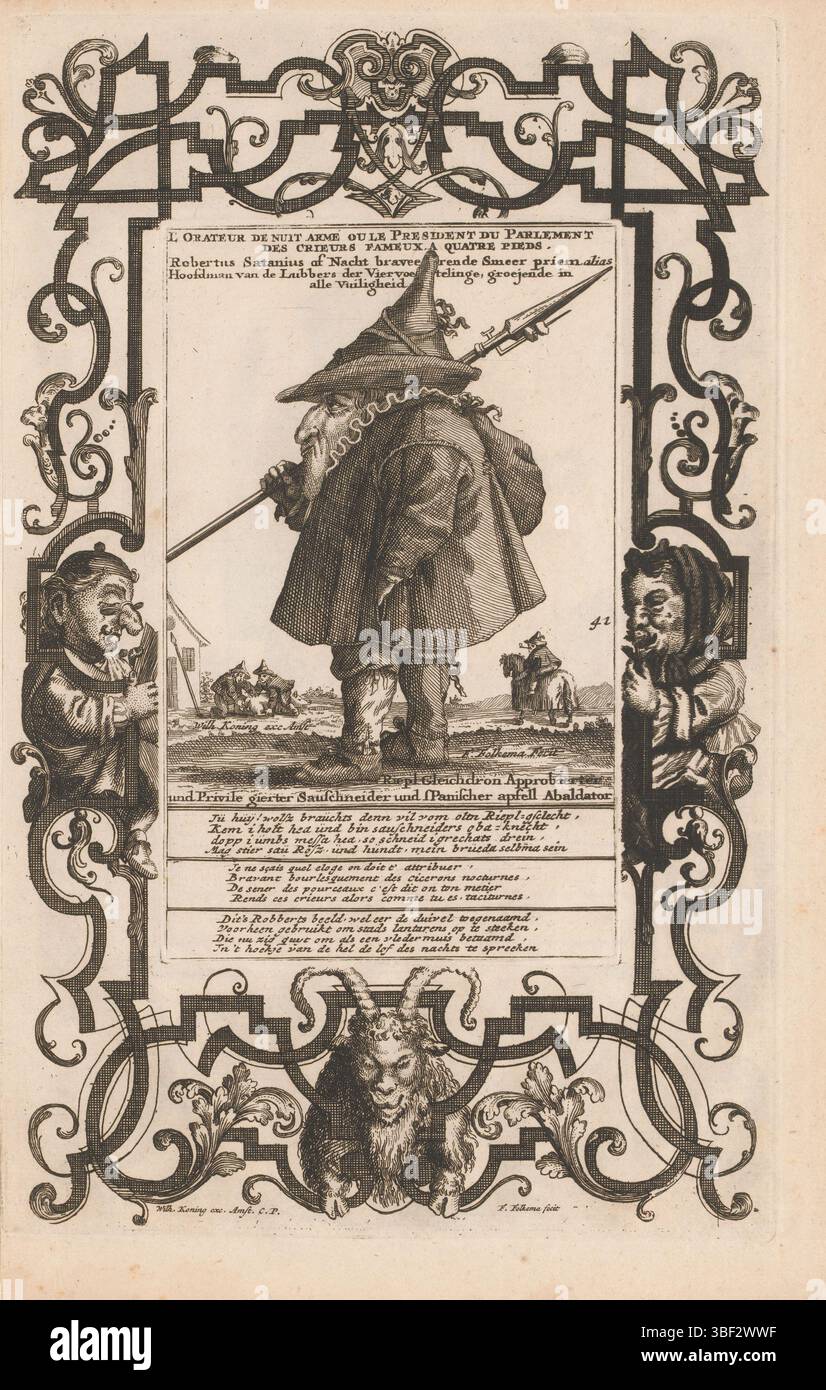 Sconosciuto, Amsterdam, Koning, Wilhelmus, Engelbrecht, Martin, Noordelijke Nederlanden, Folkema, Fopje, il Callotto resuscitato oder Neü eingerichtes Zwerchen Cabinet, l'Orateur de nuit armé ou le President du Parlement descrieurs fameux a quatre pieds, Robertus Satanius or Nacht Bravering Smeer prime alias Headman van de Lubbers der Vierdelinge, Northern Satedelinge, Robervoedelinge, Rodeau de Spandlejer, 1716. Nel capti Foto Stock
