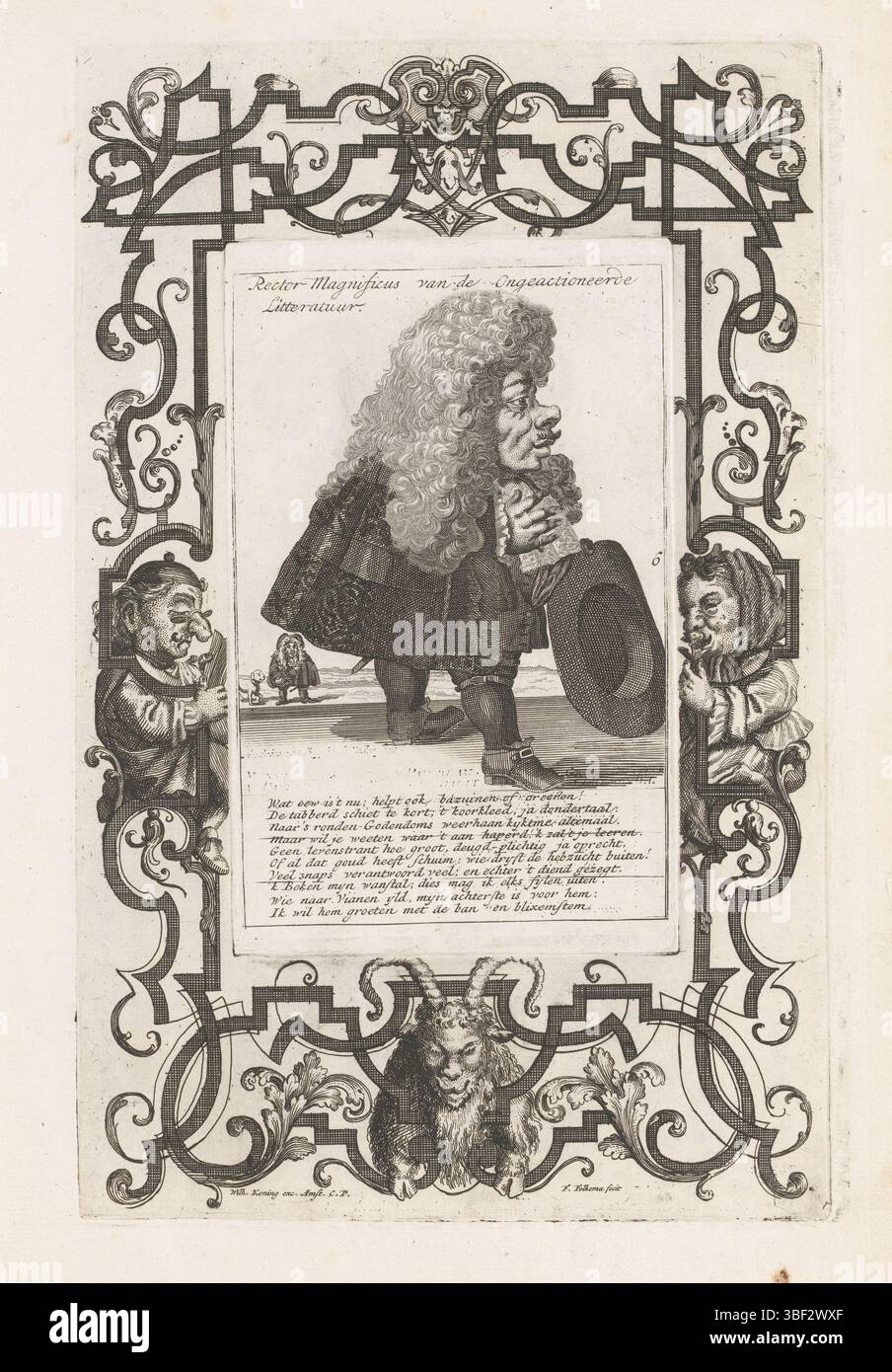 Sconosciuto, Amsterdam, Koning, Wilhelmus, Engelbrecht, Martin, Noordelijke Nederlanden, Folkema, Fopje, Buysen, Andries van (Sr.), Bombario Actionist and the Geest van Esopus, Rector Magnificus van de Onactionere Litteratuur, nano con una parrucca grande, il cappello in mano, 1720, sconosciuto, Paesi Bassi del Nord, Un nano con una parrucca grande, il cappello in mano. Nella didascalia un verso in olandese. Numerato al centro destro: 6. Stampa all'interno di una cornice decorativa stampata da un piatto separato con nane, sul fondo di una capra. Parte della seconda edizione olandese rilegata dal 1720 (e relativa al Windhandel in quell'anno) Foto Stock