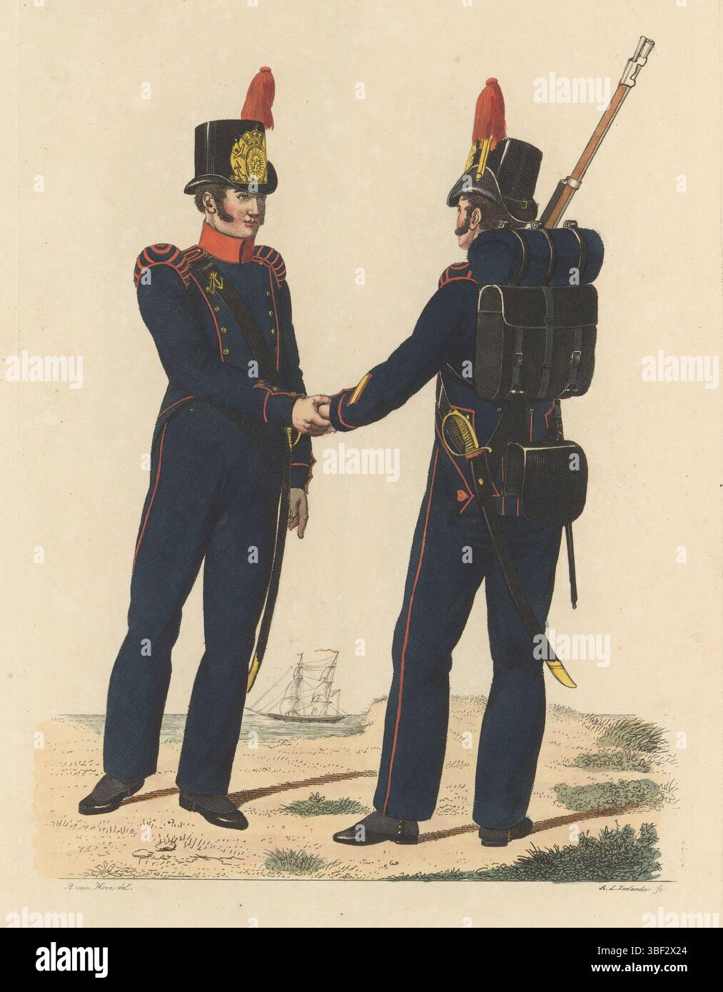 L'Aia, giunta d'Albani, Fratelli, Cleef, Fratelli di, Teupken, Jan Frederik, Paesi Bassi, Hove, Bartholomeus Johannes van, Nederland, Zeelander, Abraham Lion, Marines, davanti e dietro, l'Aia, due Marines olandesi del corpo dei Marines. Un Marine dal fronte e un Marine con battito sul retro. Sullo sfondo una nave a vela. Piastra 49. Esecuzione uniforme in "Description of how the Royal Netherlands Troops" di J.F. Teupken, 1823., stampa, libri, Frederik Muller Historyplaten, altezza 300 mm, larghezza 205 mm, olandese, 1789-12-30 - 1856-12-16, stampatore, 1823 - 1823, carta, incisione, engrav Foto Stock