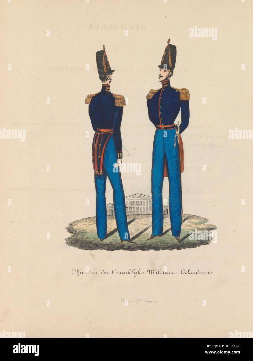 Amsterdam, Leman, Louis Salomon, Paesi Bassi, ufficiali della Royal Military Academy, uniforme degli ufficiali della Royal Military Academy, 1845, Amsterdam, uniforme degli ufficiali della Royal Military Academy. Illustrazione in un libro del 1845 sulle uniformi e sugli indumenti della terra, della marina e delle recinzioni olandesi nei Paesi Bassi e nei territori d'oltremare., stampa, stampa, stampa costume, illustrazione del libro, tavole di Frederik Muller History, altezza 270 mm, larghezza 200 mm, 1818-12-16 - 1889-04-06, stampatore, 1845 - 1845, carta, litografia (tecnica), colori delle mani, pubblicazione (evento), pubblicazione, publ Foto Stock