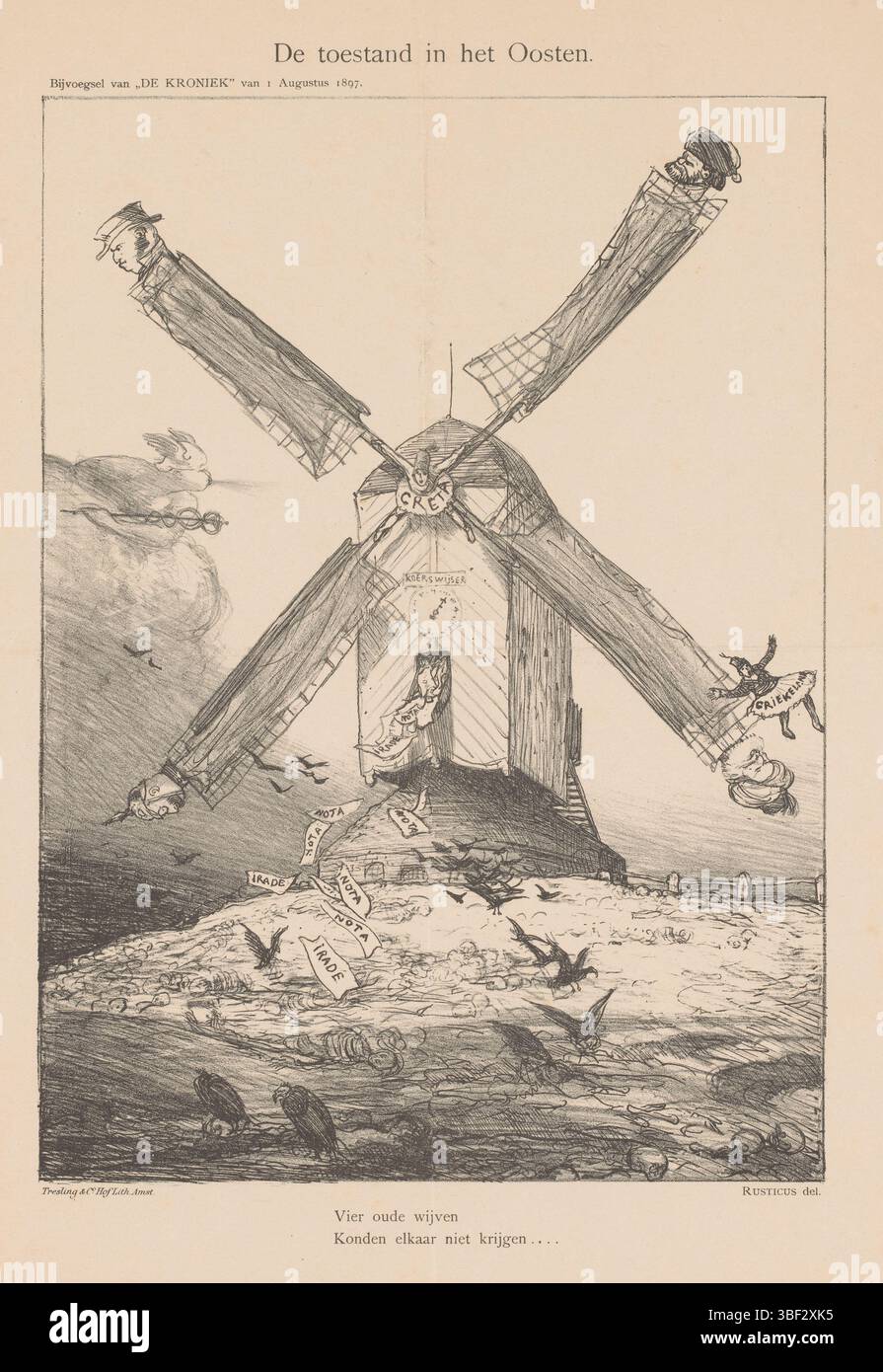 Amsterdam, Scheltema & Holkema Boekhandel, Amsterdam, Tresling & Comp., Paesi Bassi, Bauer, Marius, la situazione a est, Spotprent sul lento avanzamento dei negoziati a Creta tra i paesi di Turchia, Grecia, Inghilterra e Russia. Presentato come un mulino a vento con Creta come frassino e i quattro poteri come i pulcini. In fondo a due righe del verso di un bambino. Pubblicato nell'allegato "De Kroniek" del 1o agosto 1897., stampa, cartone, stampe, altezza 408 mm, larghezza 300 mm, olandese, 1867-01-25 - 1932-07-18, stampatore, 1897-08-01 - 1897-08-01, quarte del quarto quarto quarto del xix secolo Foto Stock