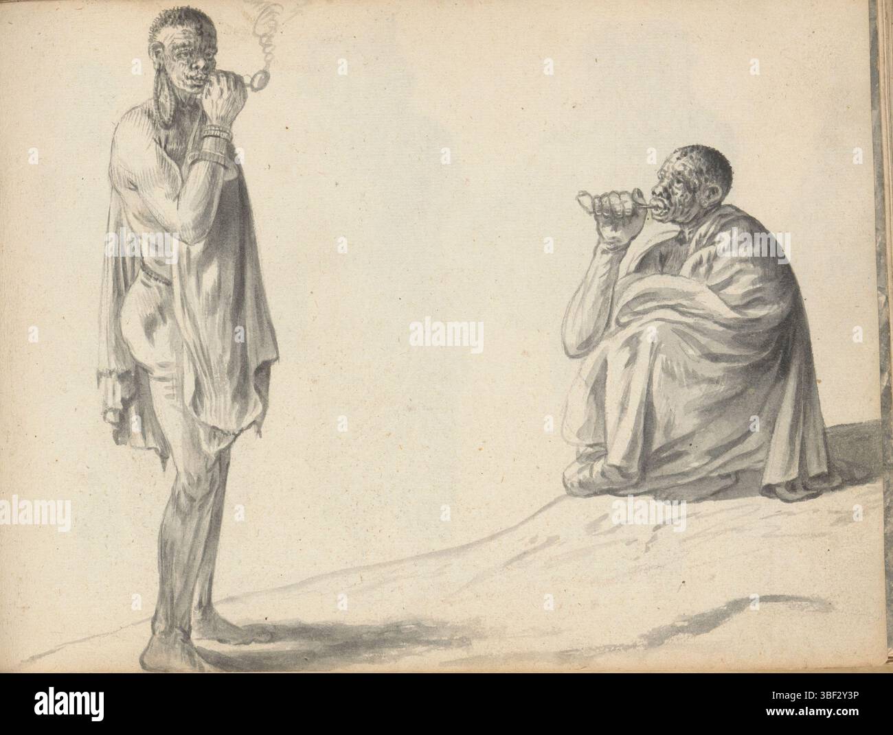 Capo di buona speranza, Boursse, Esaias, due uomini del Khoisan sudafricano con pipa, Capo di buona speranza, due uomini del Khoisan sudafricano che fumano una pipa, i due uomini del Khoisan sono fuori a fumare una pipa. L'uomo in piedi a sinistra ha i capelli corti e crespi e sul lobo dell'orecchio destro appende una grande decorazione oblunga dell'orecchio: Un cordone fatto di perline. Indossa un panno piegato intorno alla spalla sinistra che si allunga fino alle ginocchia. Sull'anca destra è visibile solo un cordone con cui è legato un panno pubico invisibile. La sua mano destra tiene una piccola pipa di Gouda alla bocca: C'è del fumo che fuoriesce dalla testa. I materi Foto Stock
