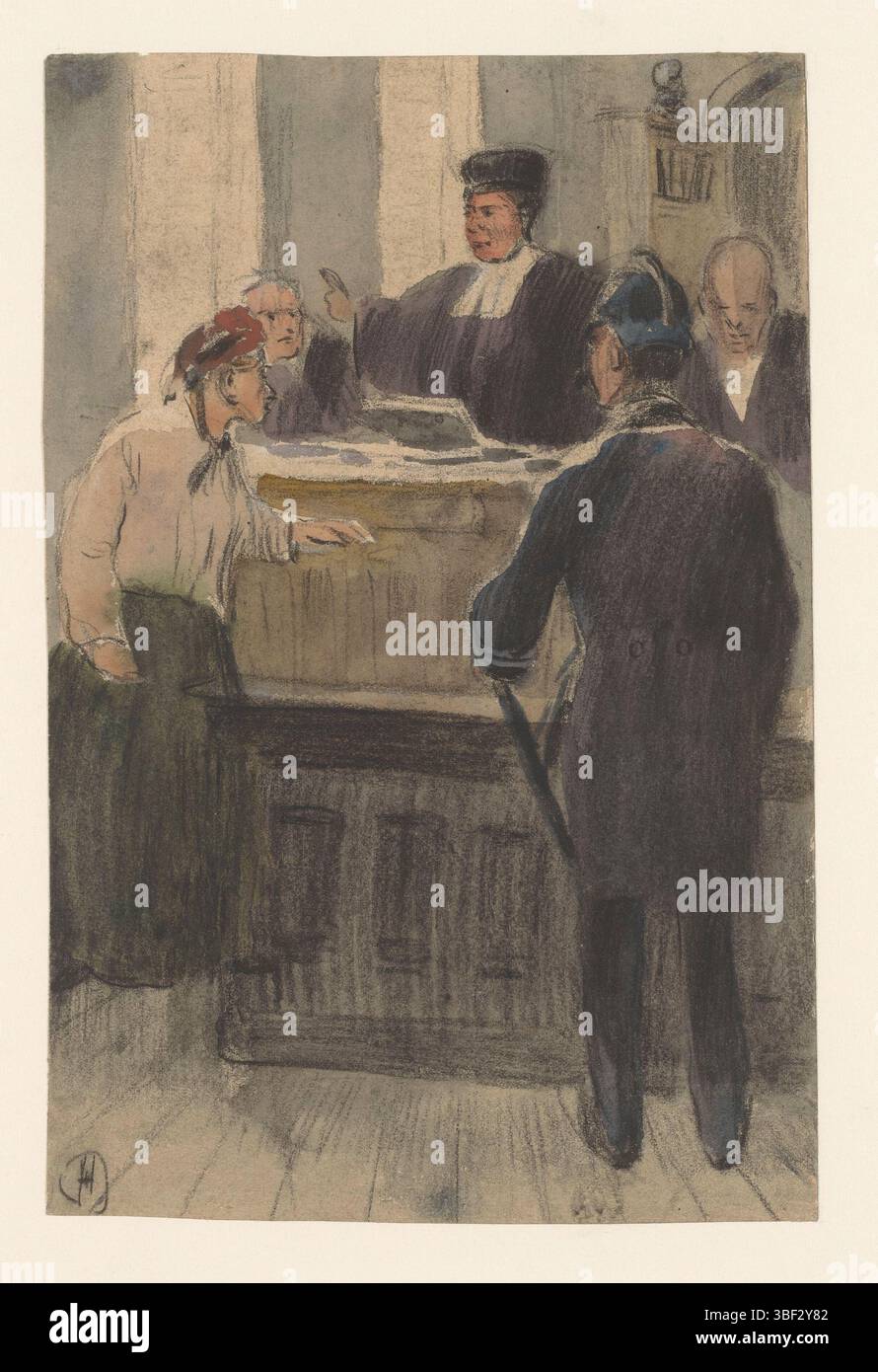 I Paesi Bassi, Heijenbrock, Herman, Rechtsrecht, Paesi Bassi, in basso a sinistra, cinque figure in un'aula di tribunale. V.l.n.: Donna in piedi con cappello rosso, ufficiale di giustizia in seduta, giudice con cappello nero dietro la cattedrale, poliziotto con casco e mazza visto in piedi dietro, ufficiale di giustizia dietro la cattedrale., disegno, acquerello, carta, disegni, h, altezza 256 mm, larghezza 172 mm, olandese, 1871-07-27 - 1948-03-18, drago, disegnatore, 1881 - 1900, quarto quarto quarto ottocento, gesso, acquerello (vernice), acquerello, pennello Foto Stock