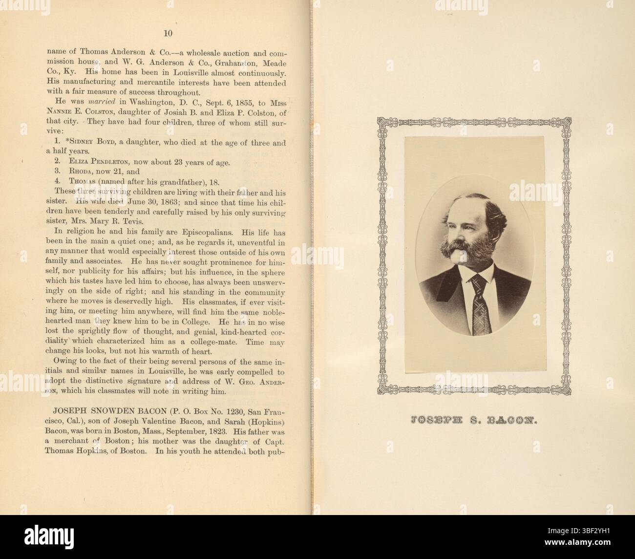Joseph S. Bacon, Ritratto di Joseph S. Bacon, Joseph S. Bacon, fotografia, foto, pagina, foto, libri illustrati, altezza 96 mm, larghezza 59 mm, fotografo, 1876 - 1881, carta fotografica, carta fotografica, stampa di album, stampa di albumina Foto Stock