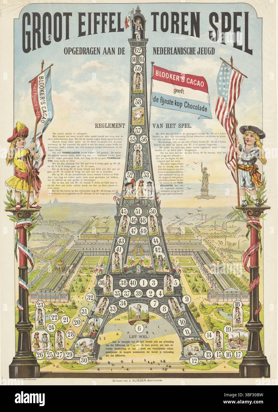 Amsterdam, Amand, Amsterdam, Vlieger, Jan, gioco della torre Groot eiffel, dedicato ai giovani olandesi, stampato verso, Boardspel con cerchi numerati da 1 a 63, che cammina sopra la Torre Eiffel. Gioco pubblicitario simile a una tavola, dopo l'esposizione mondiale di Parigi del 1889, per il cacao Blooker. A sinistra e a destra due colonne con una ragazza sopra di loro. La ragazza sinistra porta la bandiera francese, la ragazza destra porta la bandiera americana. Sullo sfondo a destra la Statua della libertà. Regole nella libreria al centro del foglio., stampa, stampa folk, tabellone, tabellone, stampe, stampe folk, altezza 638 mm, Foto Stock