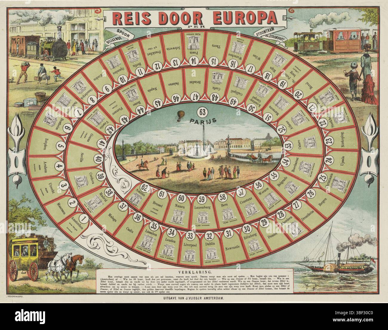 Amsterdam, Vlieger, Jan, Journey through Europe, by, ferrovia, diligenza, tram a vapore e piroscafo, Amsterdam, gioco da tavolo stampato con scatole numerate da 1 a 63, in esecuzione a spirale. Nelle scatole presentazioni di edifici provenienti da diverse città europee, con in alcuni casi al di sotto della popolazione. Sulla società civile una vista di Parigi (Place de la Concorde). Nei quattro angoli del gioco un treno a vapore, una diligenza o una carrozza, una barca a vapore e un tram a vapore. Al centro delle regole nella stampa del libro, al centro sopra il titolo su una bandrol., stampa, stampa folk, tabellone, playboard, stampe, stampe popolari Foto Stock