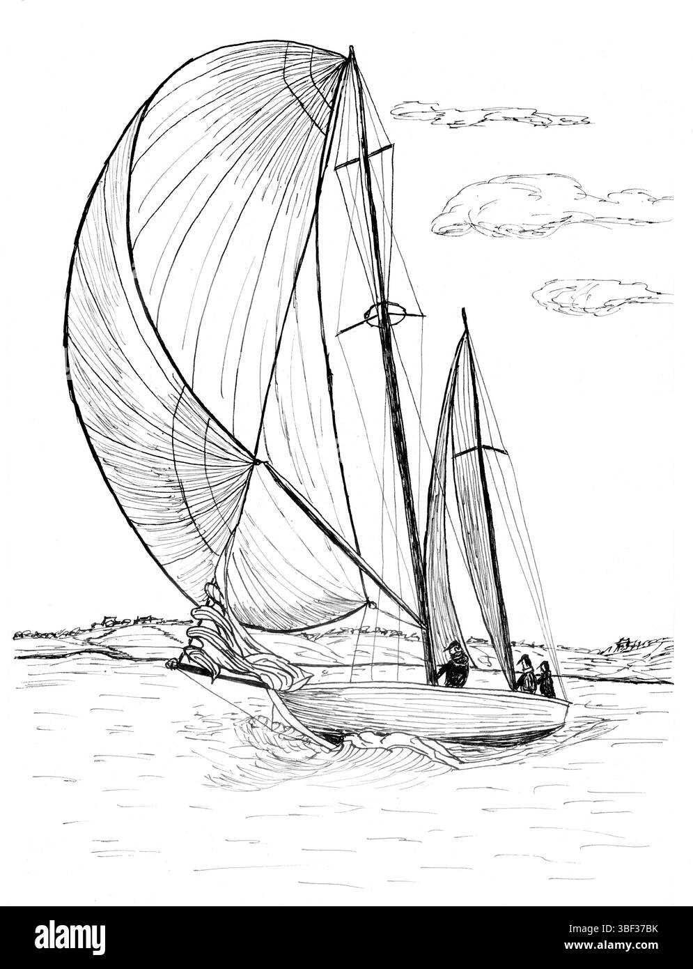 Uno schizzo dettagliato di una barca a vela sulla costa inglese sotto un cielo nuvoloso, catturando il fascino marittimo di regioni come il Canale della Manica. Foto Stock