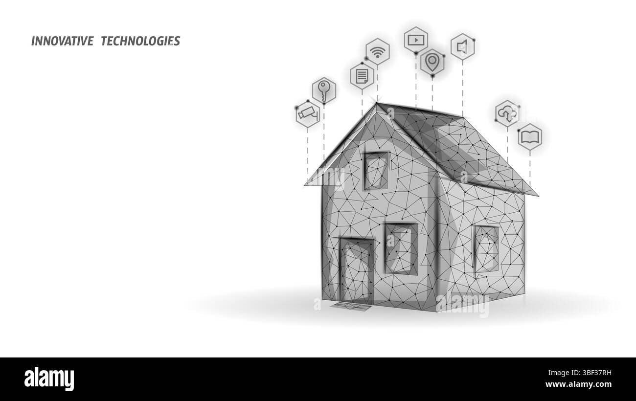 Illustrazione della casa digitale con icone mobili. Presenta una struttura di rete interconnessa, finestre e porte. Sistemi di casa intelligenti immobiliari. Basso poli Illustrazione Vettoriale