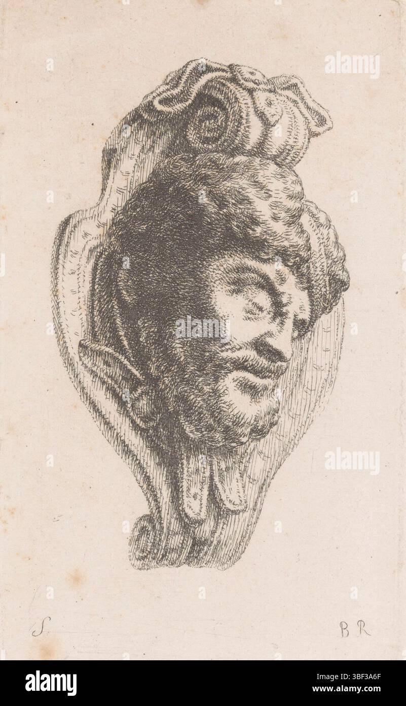 Schlüter, Andreas, Berlino, Red, Christian Bernhard, Mascaroni e caschi della Zeughaus di Berlino, Mascaron con la testa barbuta con cappello, verso centro - timbrato, Mascaron con la testa dell'uomo barbuto a destra. L'uomo indossa un cappello., stampa, ornamento, stampe, ornamenti, verso medio inferiore - stampigliato, altezza 179 mm, larghezza 107 mm, tedesco, 1725 - 1797-06-24, macchina di stampa, 1735 - 1797, carta, incisione, 1660 - 1714, disegnatore intermedio Foto Stock