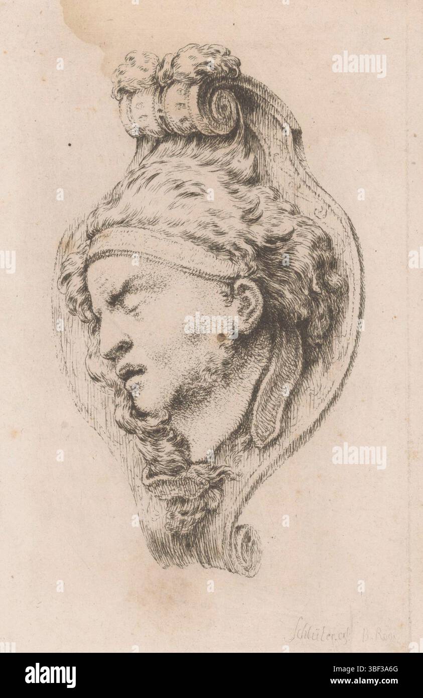 Schlüter, Andreas, Berlino, Red, Christian Bernhard, Mascaroni e caschi della Zeughaus di Berlino, Mascaron con testa maschile di profilo, verso il fondo centrale - stampato, Mascaron con testa maschile di profilo a sinistra. L'uomo ha la bocca leggermente aperta e porta una fascia per capelli. verso medio inferiore - stampigliato, altezza 179 mm, larghezza 111 mm, tedesco, 1725 - 1797-06-24, macchina di stampa, 1735 - 1797, carta, incisione, 1660 - 1714, disegnatore intermedio Foto Stock
