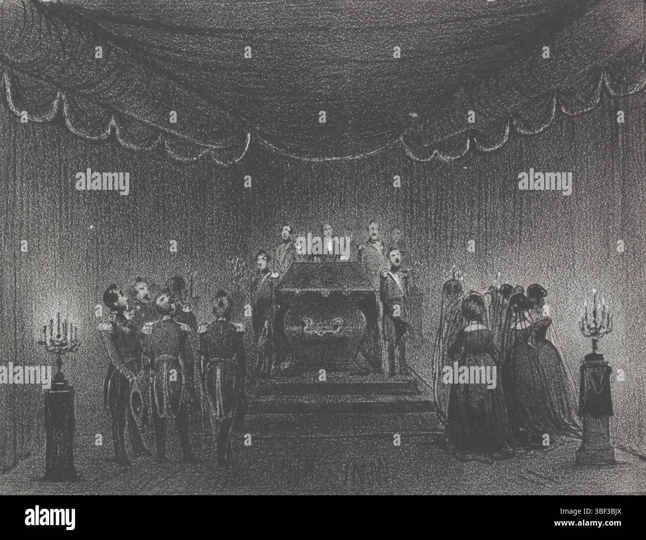 Dordrecht, Backer, Hilmar Johannes, Habelmann, Paul Sigmund, Treurzaal van Willem i Frederik, Koning der Nederlanden, 1843, Dordrecht, verso midder onder - timbrato, morì il 12 dicembre 1843. Nel margine inferiore una linea di testo olandese. Stampa, ritratti arancioni, altezza 125 mm, larghezza 144 mm, 1823-07-17 - 1890-03-20, stampatore, 1843 - 1845, carta, litografia (tecnica), concezione del lavoro, dopo la progettazione di, olandese, 1804-09-17 - 1845-01, stampante Foto Stock