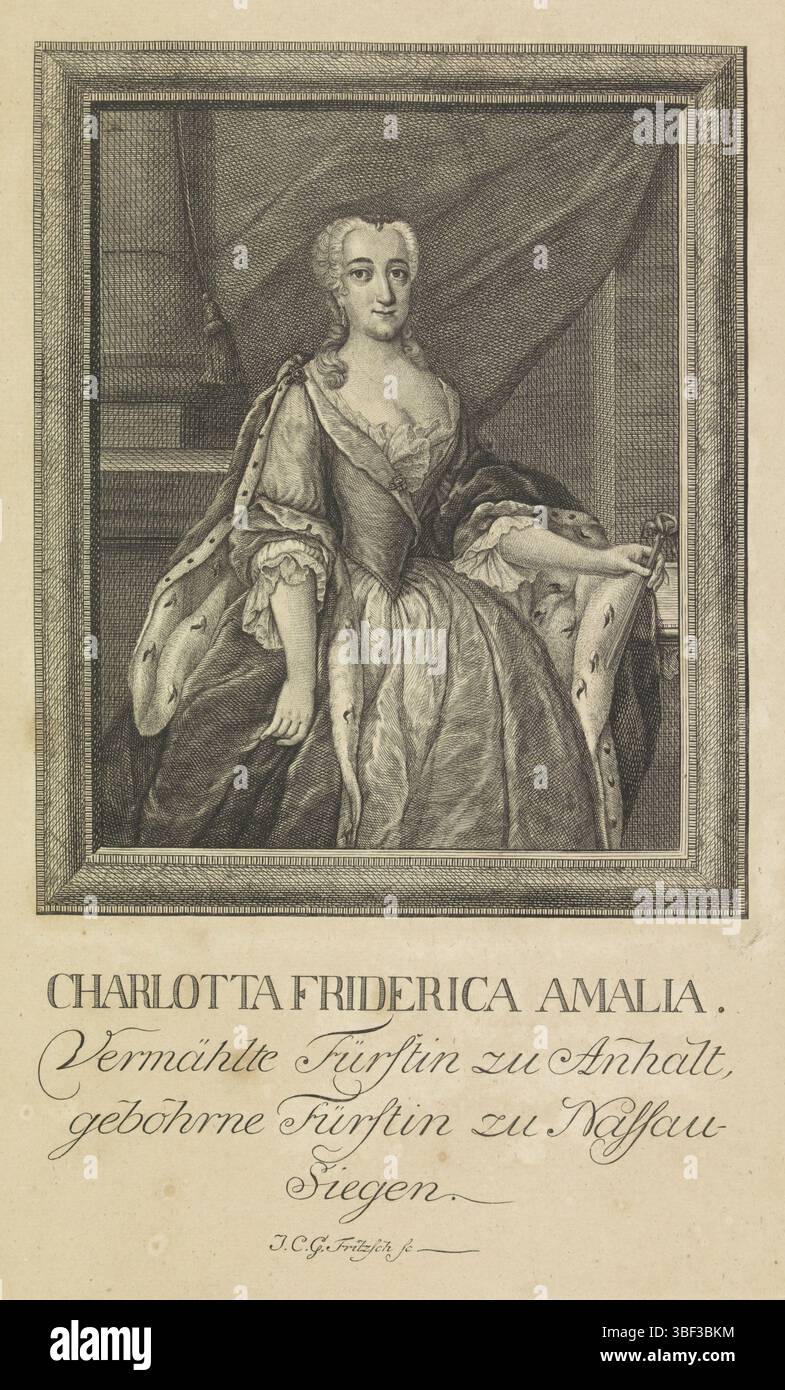 Germania, Fritzsch, Johann Christian Gottfried, Ritratto di Charlotte Frederika di Nassau-Siegen, Germania, Ritratto di Charlotte Frederika in un rettangolo ornato. Nel margine inferiore il suo nome e i suoi titoli., stampa, Orange Portraits, altezza 307 mm, larghezza 189 mm, 1720 - 1802, stampatore, 1730 - 1803, carta, incisione, incisione (processo di stampa), incisione, incisione Foto Stock