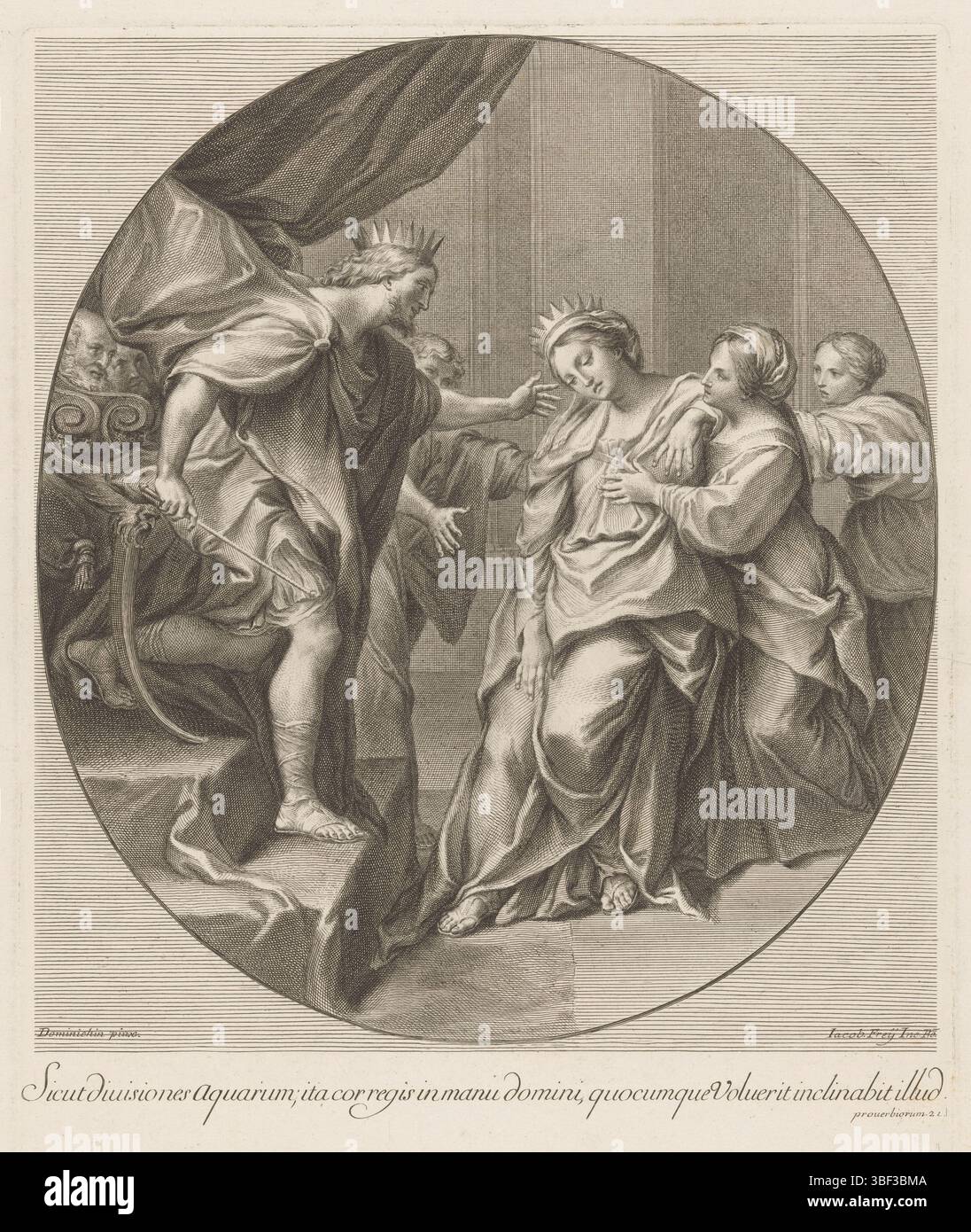 Domenichino, Roma, Frey, Jacob (der Ältere), Esther voor Ahasverus, verso - stampigliato, con didascalia in latino, stampa, altezza 386 mm, larghezza 312 mm, 1681 - 1752-01-11, stampatore, 1718 - 1719, carta, incisione, processo di stampa, italiano, 1581-10-21 - 1641-04-06' Foto Stock