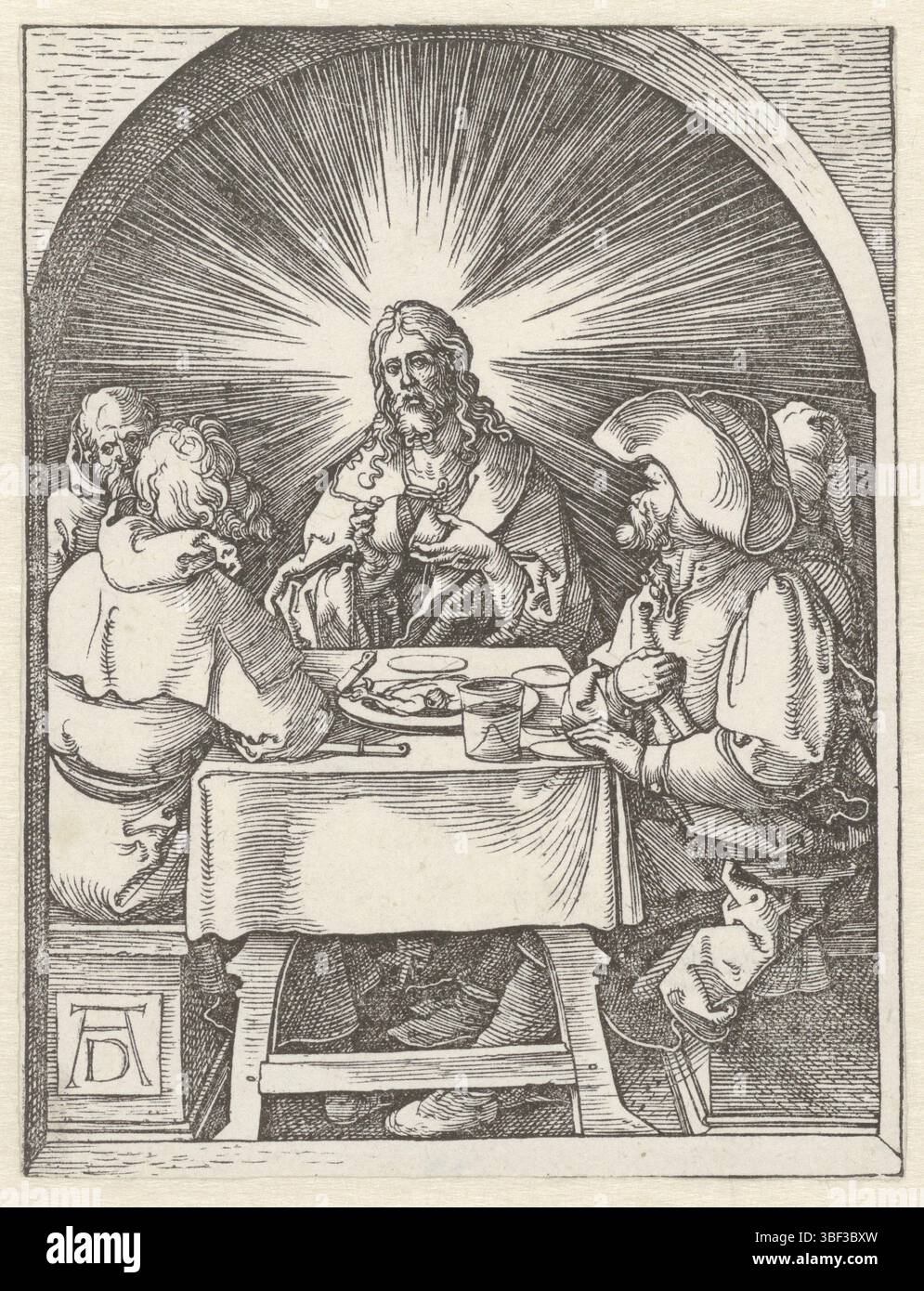 Norimberga, Dürer, Albrecht, la piccola passione, Cristo in Emmaus, verso lasciato sotto - timbrato, Cristo rompe il pane a tavola con quattro signori a Emmaus. Questa stampa fa parte della serie 'De kleine Passie', composta da una stampa del titolo e 36 scene bibliche (principalmente dalla Lijdstory)., stampa, altezza 127 mm, larghezza 97 mm, tedesco, 1471-05-24 - 1528-04-05, stampatore, 1510 - 1510, primo quarto del xvi secolo, carta, incisione di legno Foto Stock