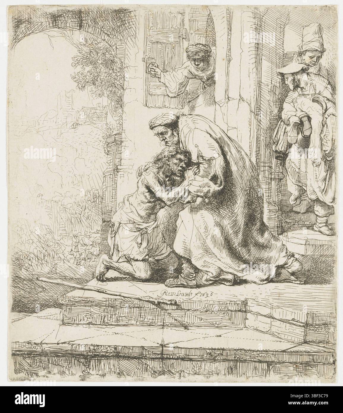 Reno, Rembrandt di, Reno, ritorno del figlio prodigo, verso sinistra sotto - timbrato, ritorno del figlio prodigo: Si inginocchia davanti a suo padre sulla piattaforma della sua casa parentale. Nella porta due figure, una terza guarda fuori dalla finestra., stampa, Rembrandt f 1636, fondo centrale, altezza 156 mm, larghezza 136 mm, olandese settentrionale, 1606-07-15 - 1669-10-08, macchina per stampa, 1636 - 1636, secondo quarto del XVII secolo, carta, incisione, concezione del lavoro, dopo il proprio disegno Foto Stock