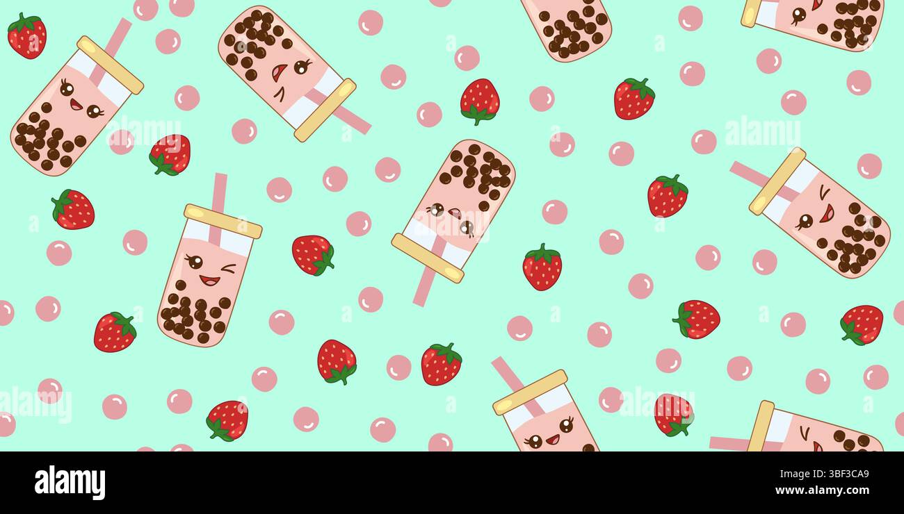 Delizioso tè alla fragola con motivo a righe senza cuciture su sfondo turchese, illustrazione vettoriale Illustrazione Vettoriale