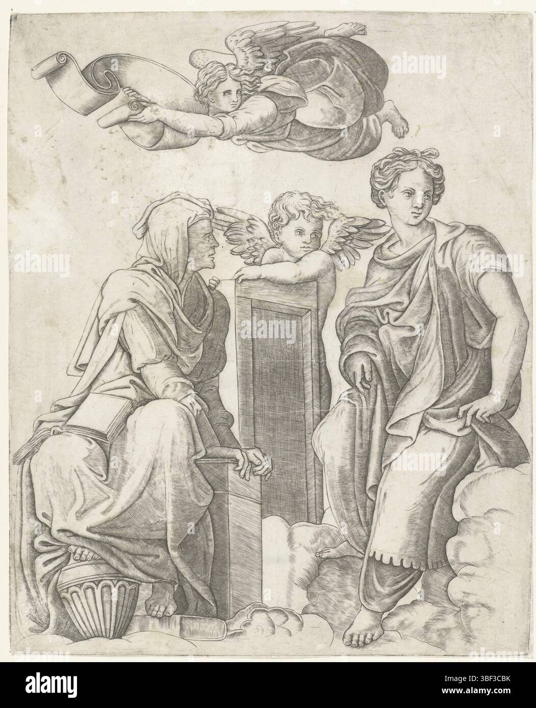 Italia, Brescia, Giovanni Antonio da, Rafaël, due battitacco e angelo e putto, Italia, verso il basso a sinistra - stampato, altezza 315 mm, larghezza 255 mm, concezione del lavoro, 1483-04-07 - 1520-04-07, su disegno, 1511 - 15200, primo quarto del xvi secolo, carta, incisione, incisione (processo di stampa), stampatore, stampatore Foto Stock