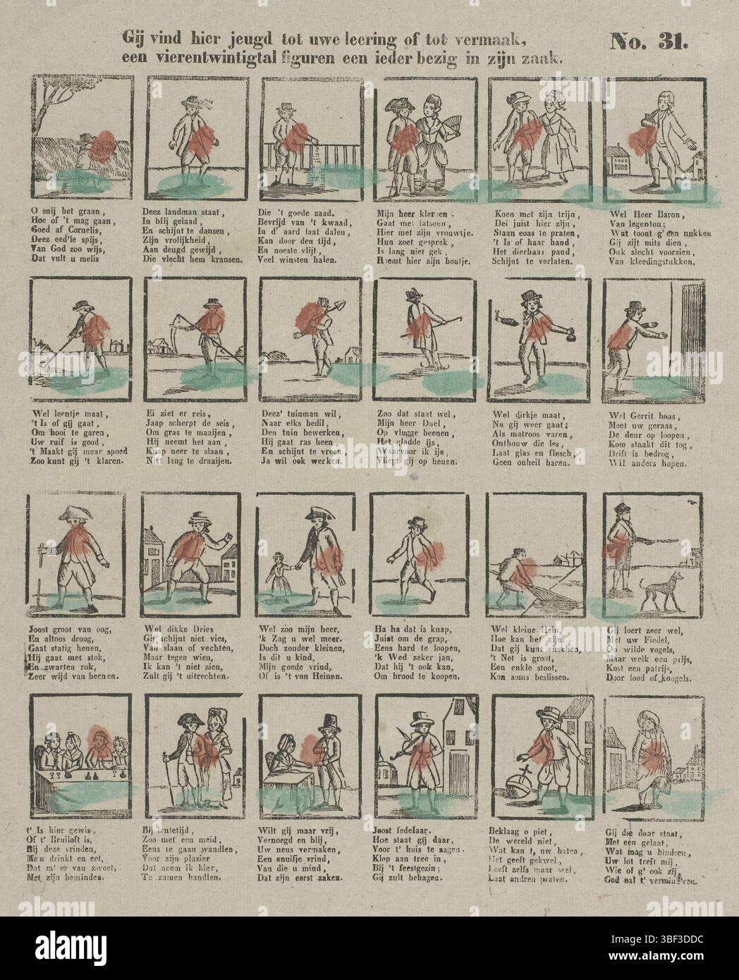Rotterdam, Wijnhoven-Hendriksen, Theodorus Johannes, qui troverete giovani per la vostra educazione o il vostro divertimento, ventiquattro figure impegnate nella sua attività, Rotterdam, timbrato verso, Foglio con 24 rappresentazioni di artigianato, occupazioni e attività, come semina, combattimento e giochi di violino. Sotto ogni immagine un verso di sei righe. Numerato in alto a destra: N. 31., stampa, stampe folk, stampe, altezza 403 mm, larghezza 332 mm, pubblicazione (evento), pubblicazione, olandese, editore, 1832 - 1850, carta, xilografica, colori, stampa letterpress, bookprint, macchina per la stampa, macchina per la stampa Foto Stock