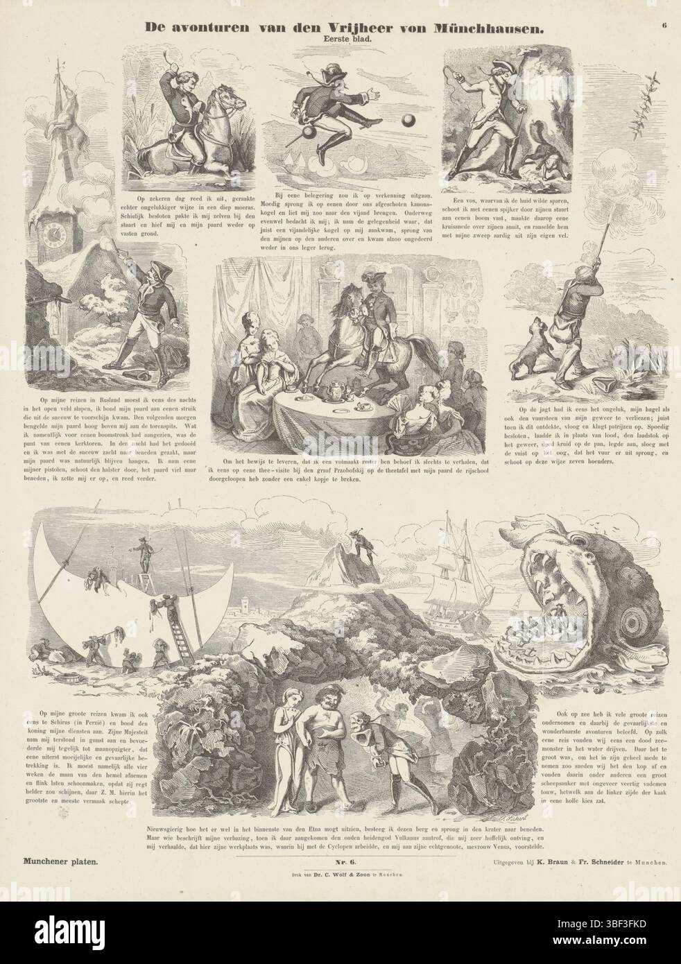 Monaco, Wolf & Sohn, dr. C., Monaco, Braun e P. Schneider, K., Braun, Kaspar, Europa, Sickert, Oswald Adalbert, Municher Records, The Adventures of den Vrijheer von Munchhausen, Europe, verso-stamp, Sheet with 7 performances of the strong stories of Baron Karl Friedrich Hieronymus von Munchhausen. Sotto ogni prestazione una didascalia. Numerato in basso al centro: Numerato in alto a destra: 6., stampa, stampe folk, stampe, altezza 440 mm, larghezza 349 mm, concetto di lavoro, danese, tedesco, inglese, 1828 - 1885, su disegno, 1843 - 1920, carta, incisione di legno, stampa di lettere, stampa di libri, 1807 - 1877, Foto Stock