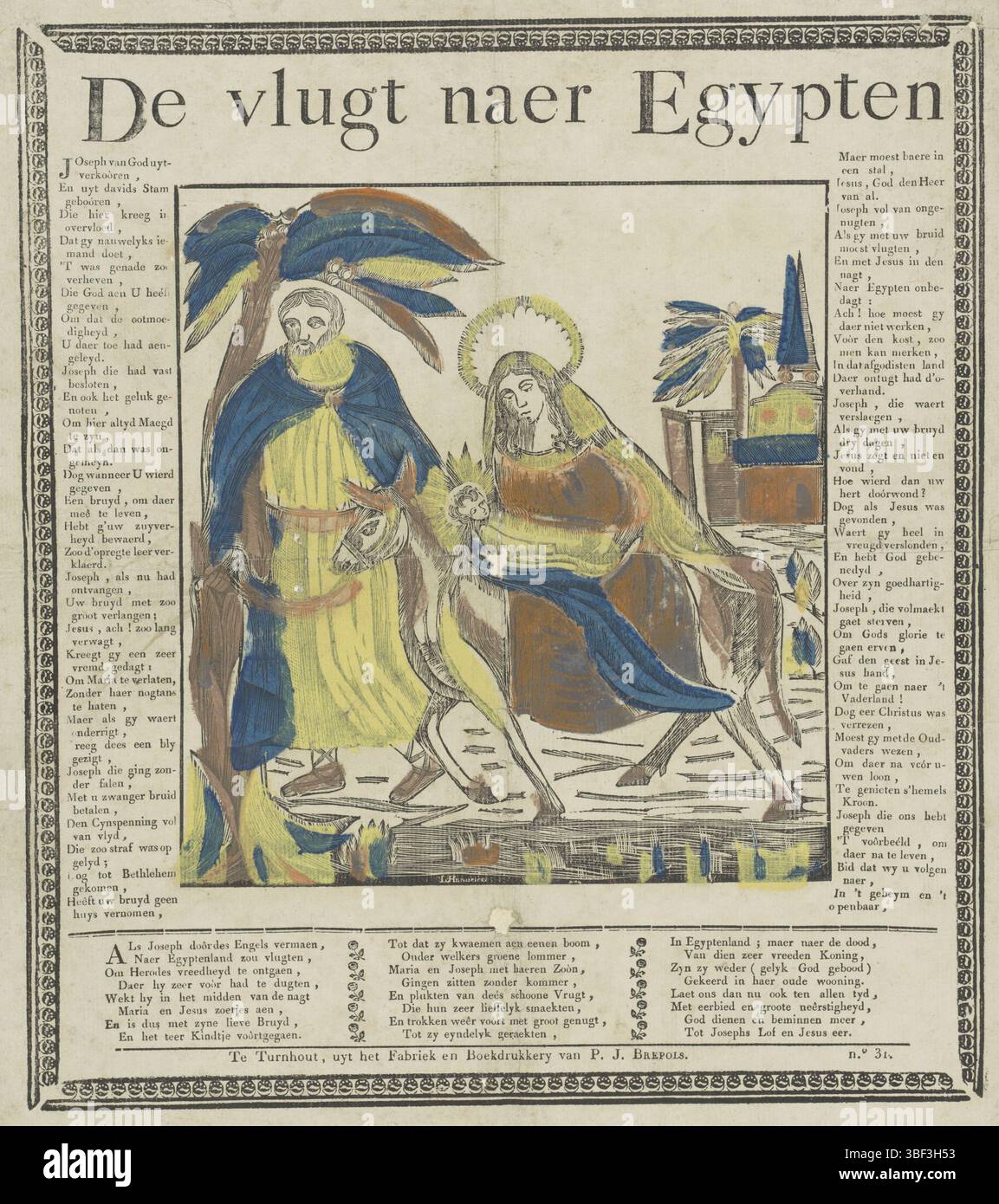 Hendrickx, L, Turnhout, Brepols, Philippus Jacobus, il Fast Naer Egyptian, verso - timbrato, il volo in Egitto. Intorno al testo nella stampa del libro in olandese. Interamente circondato da un bordo decorativo. Numerato in basso a destra: n. 31., stampa, stampe folk, stampe, altezza 384 mm, larghezza 335 mm, pubblicazione (evento), pubblicazione, belga, 1778 - 1845, editore, 1800 - 1833, carta, xilografica, colori, stampa di carta intestata, stampa di libri, olandese, macchina per la stampa, macchina per la stampa Foto Stock
