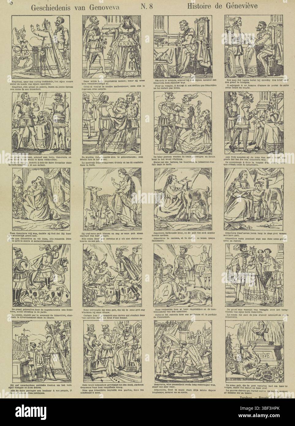 Turnhout, Brepols & Dierckx Son, storia di Genoveva, Histoire de Géneviève, verso - stampato, Foglio con 20 spettacoli sulla vita di Genoveva van Brabant. Sotto ogni immagine una didascalia in olandese e in francese. Parte superiore centrale numerata: N. 8., stampa, stampe folk, stampe, altezza 383 mm, larghezza 305 mm, pubblicazione (evento), pubblicazione, editore, 1833 - 1911, carta, litografia (tecnica), stampa di tipografie, stampa di libri, tipografia, tipografia, stampatore Foto Stock