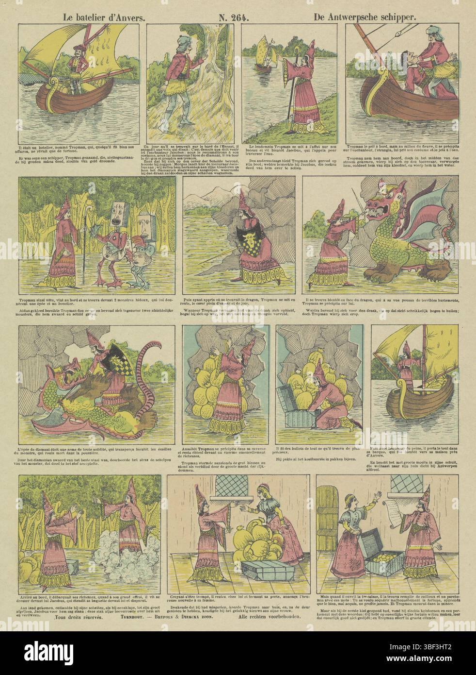 Turnhout, Brepols & Dierckx Son, le faanlier d'Anvers, De Antwerpsche skipper, stampato, Foglio con 14 esibizioni della storia dello skipper di Anversa. Sotto ogni immagine una didascalia in olandese e in francese. Al centro numerato in alto: N. 264., stampa, stampe popolari, stampe, verso - timbrato, altezza 383 mm, larghezza 309 mm, pubblicazione (evento), pubblicazione, editore, 1833 - 1911, carta, litografia a colori (processo), stampa di carta intestata, stampa di libri, stampatore, stampatore Foto Stock